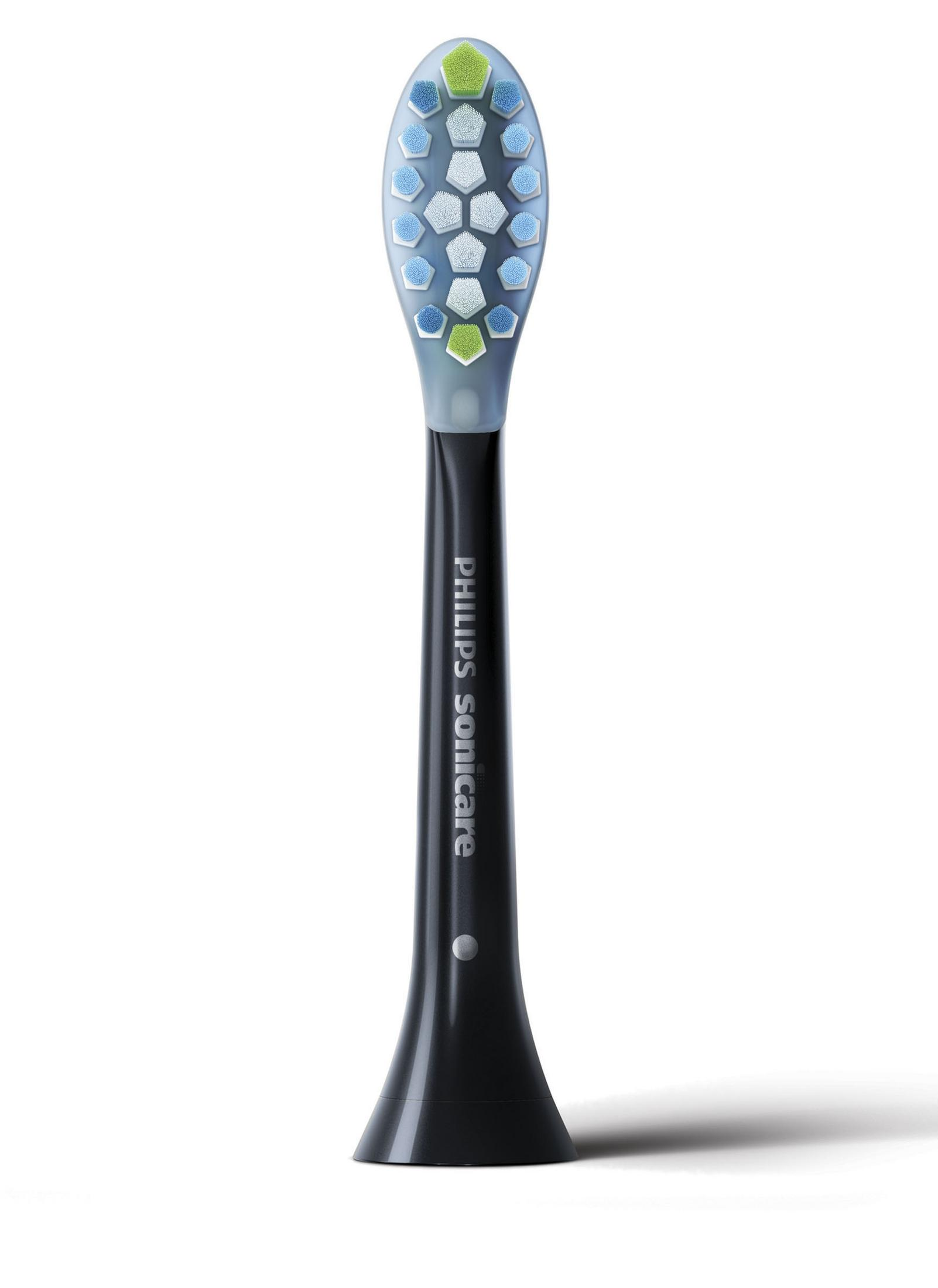 Testina per spazzolino Philips Sonicare. Manico nero, setole blu, verdi e bianche sulla testina.