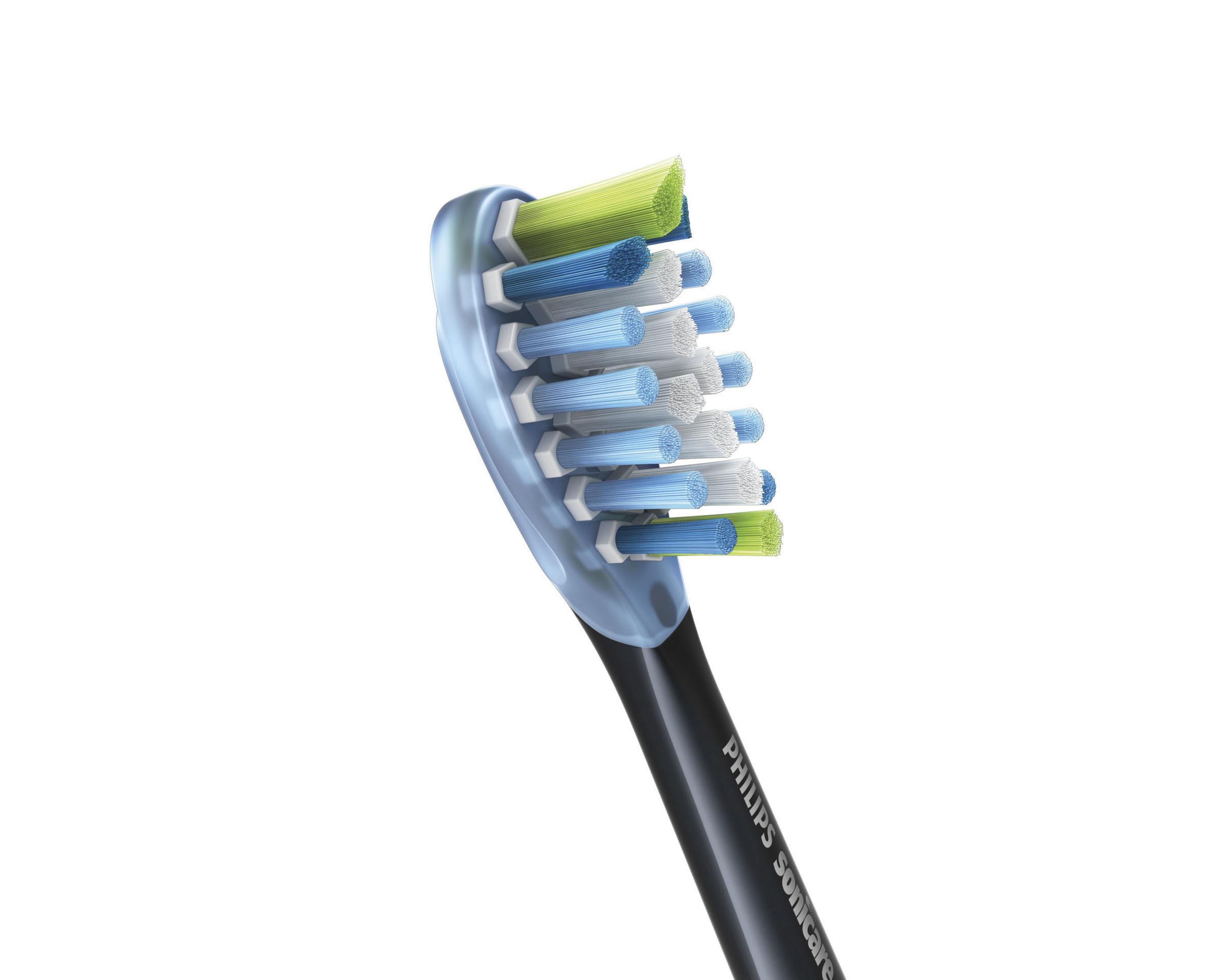 Testina per spazzolino Philips Sonicare. Manico nero, setole blu, verdi e bianche sulla testina.