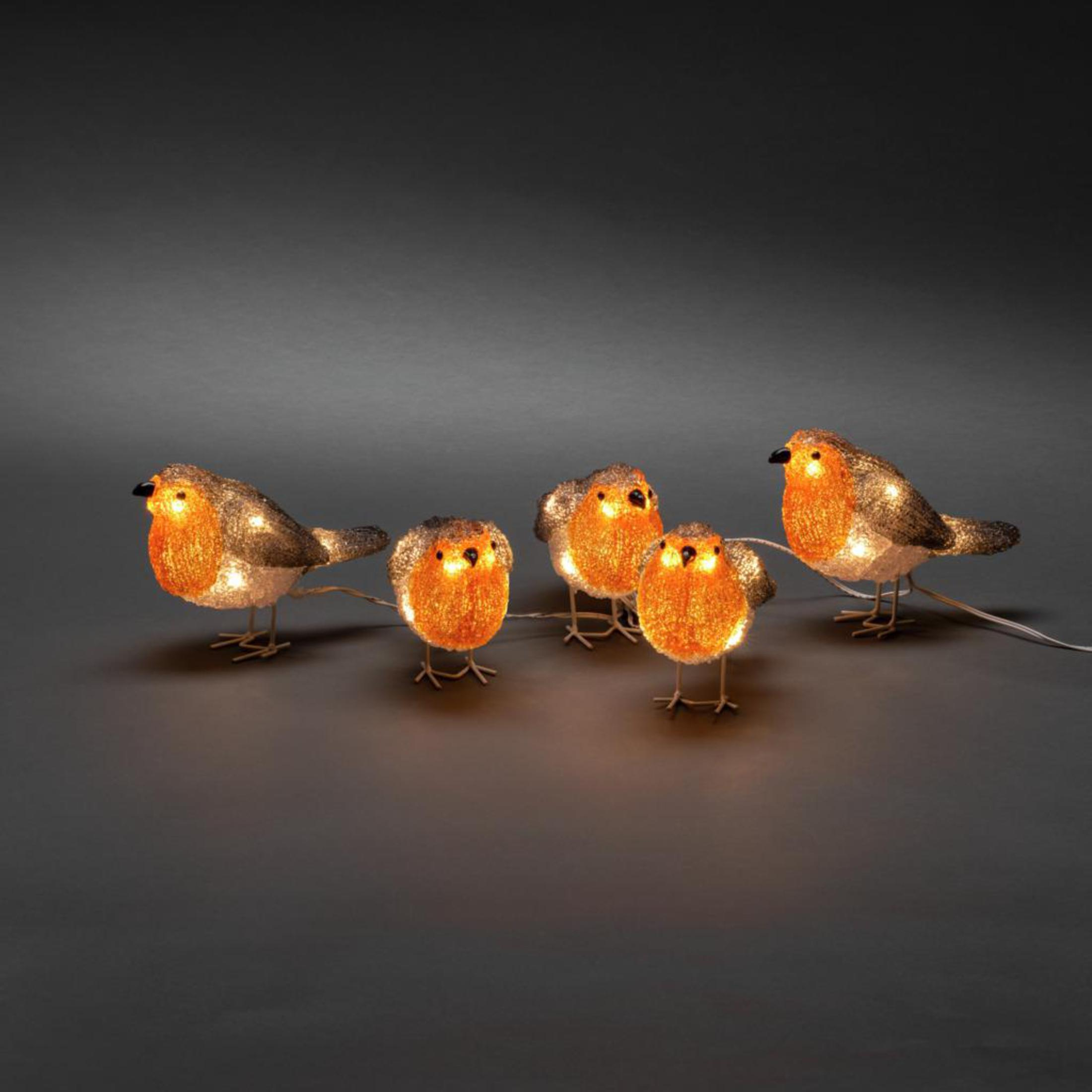 Fünf dekorative Rotkehlchen-Ornamente mit LED-Lichtern. Sie sind orange und silber, vor dunklem Hintergrund.