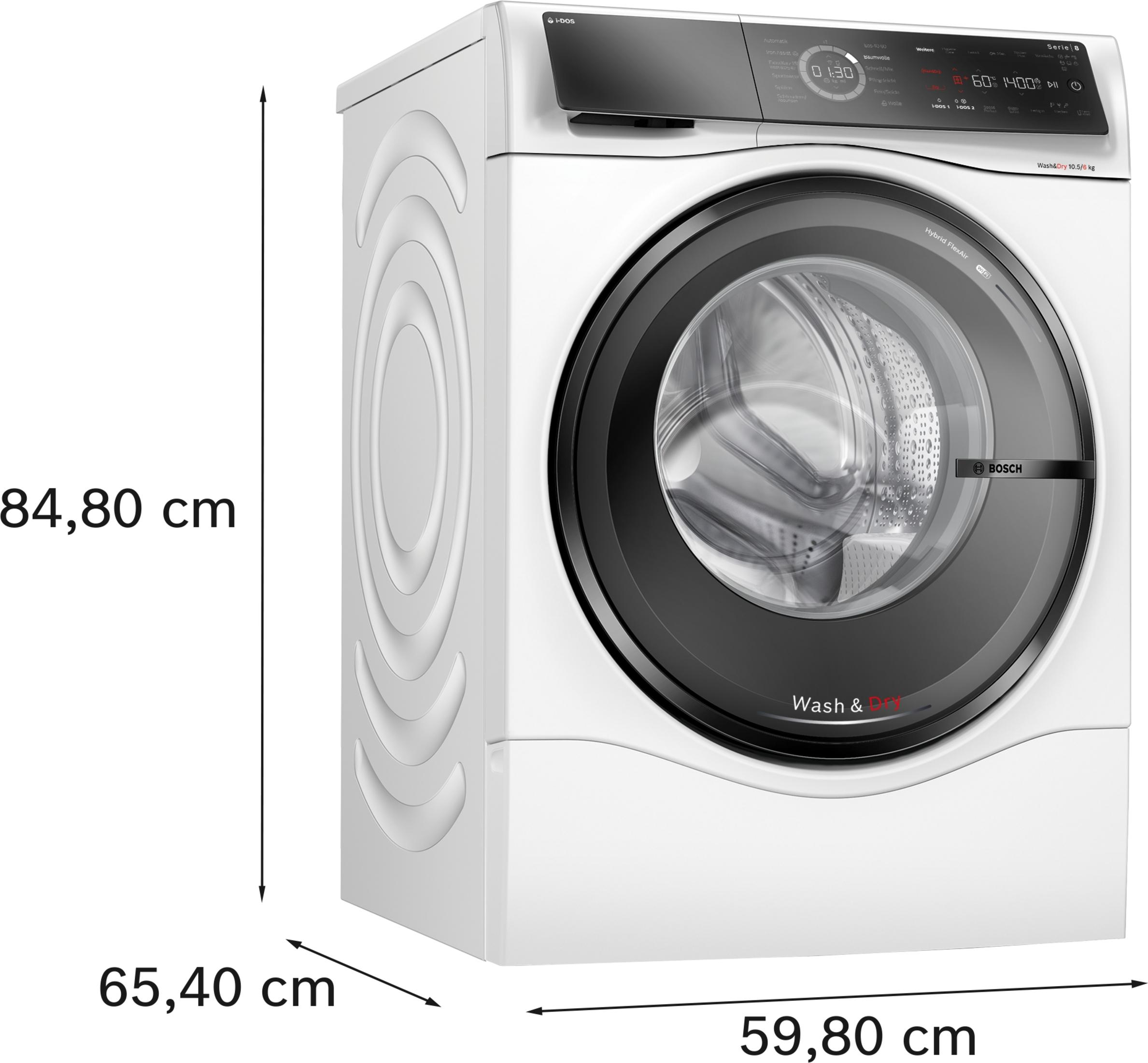 Eine weiße Waschmaschine mit den angegebenen Abmessungen: 84,80 cm hoch, 65,40 cm breit und 59,80 cm tief.