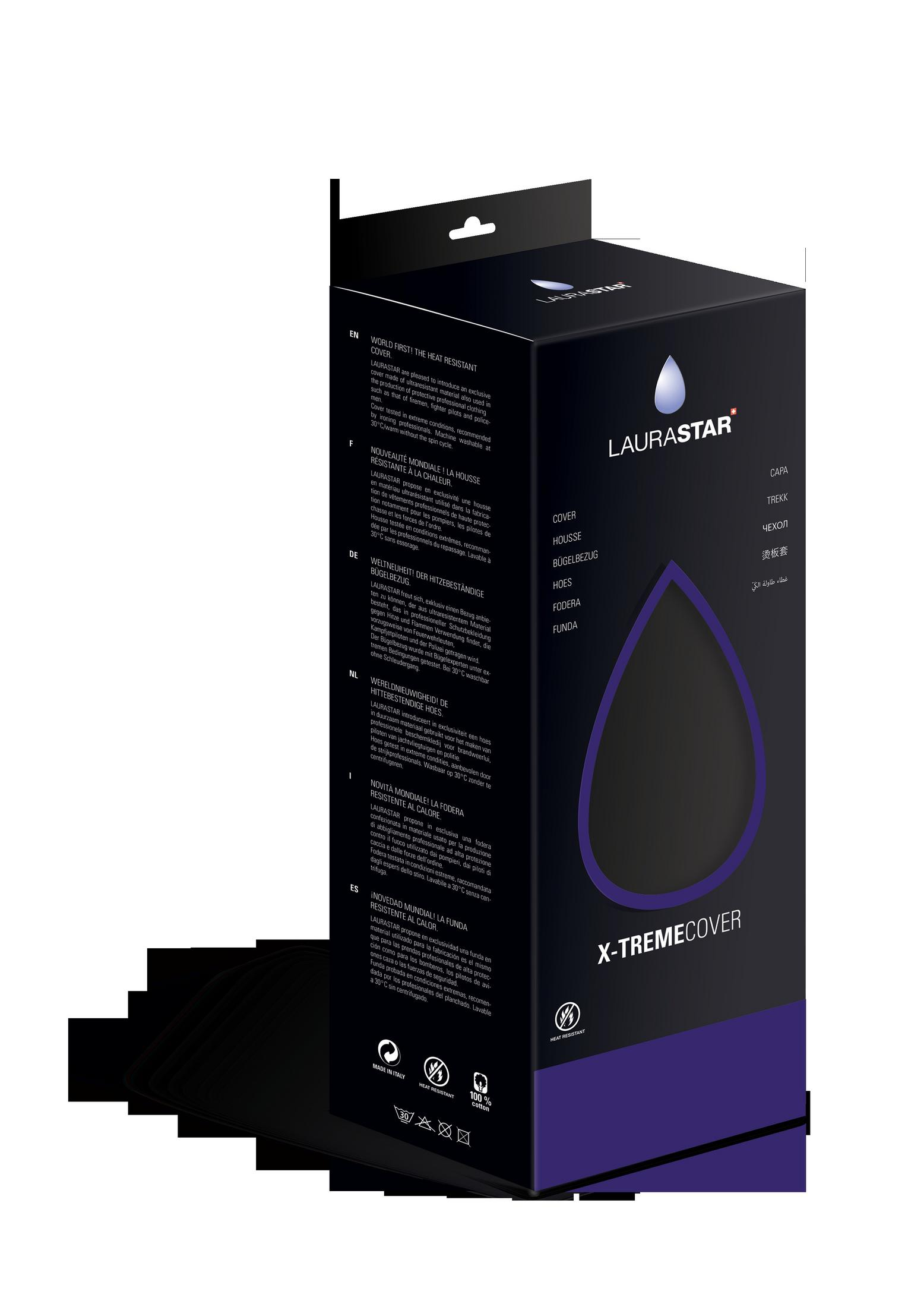 Czarno-fioletowe pudełko LauraStar X-Treme Cover, z tekstem i logo kropli wody.