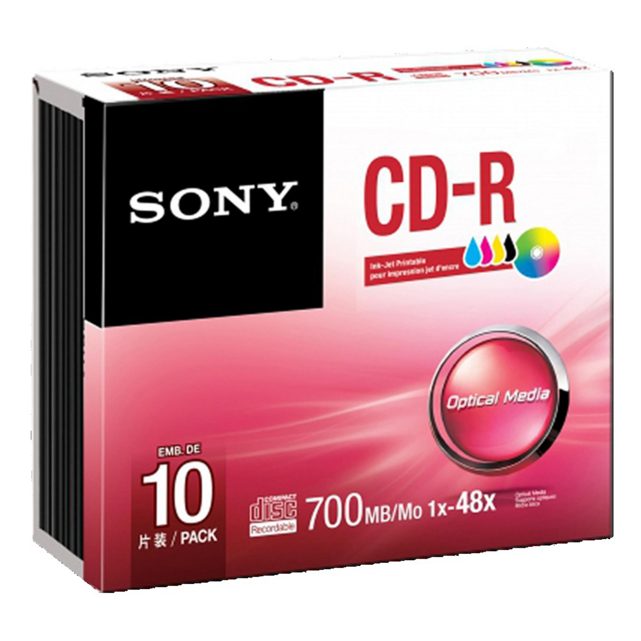 Una caja de CD-R Sony con un logotipo de CD-R e indicadores de color, mostrando 'Optical Media'.
