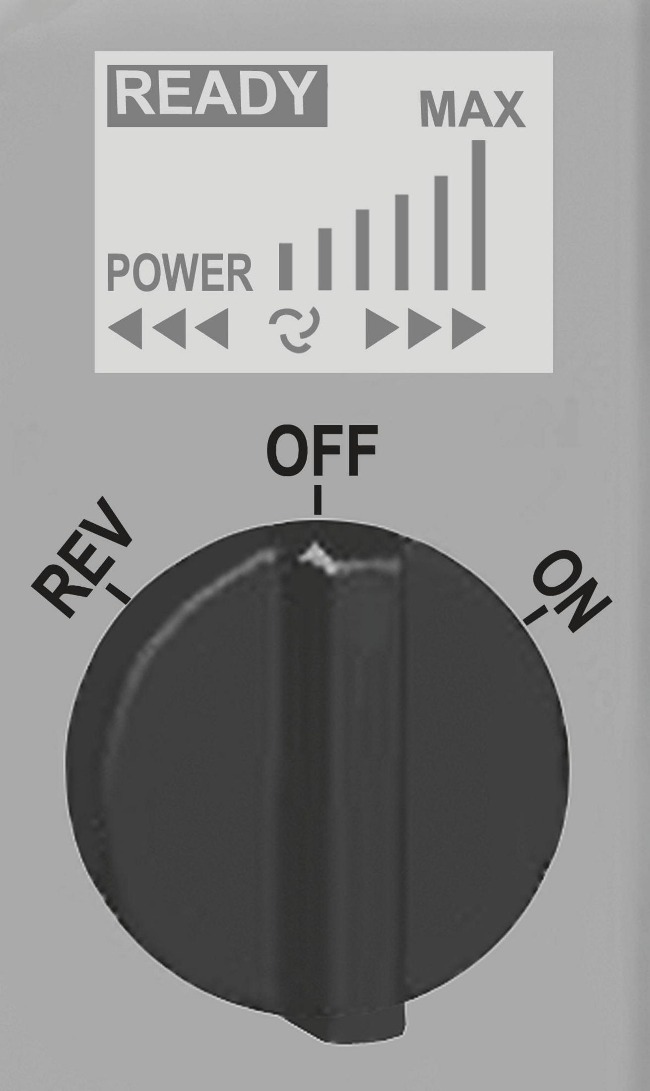 Pannello di controllo con impostazioni di potenza e velocità. Manopola con impostazioni off, on e reverse.