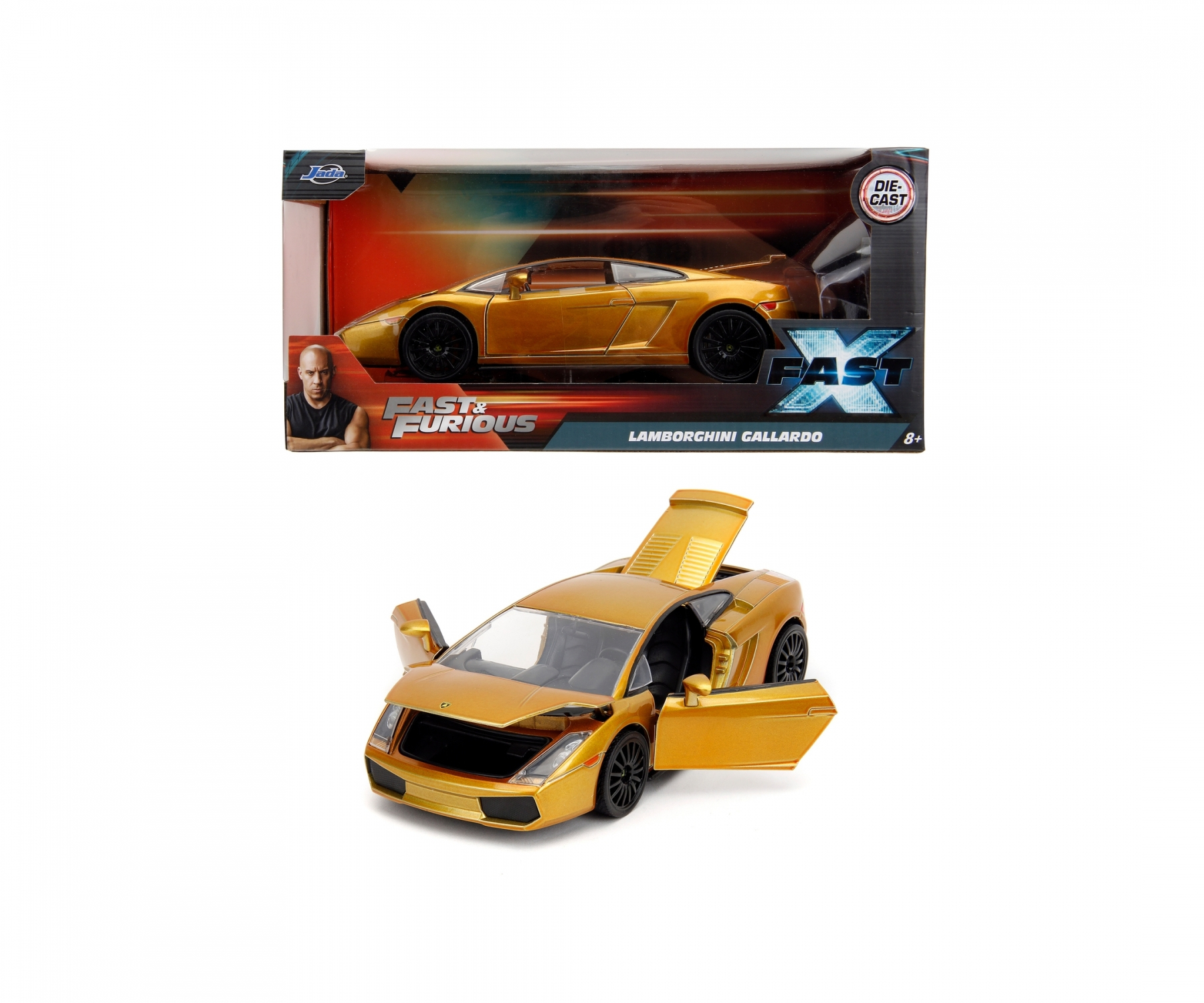 Un'auto giocattolo Lamborghini Gallardo oro con ruote nere in una scatola a tema Fast & Furious.