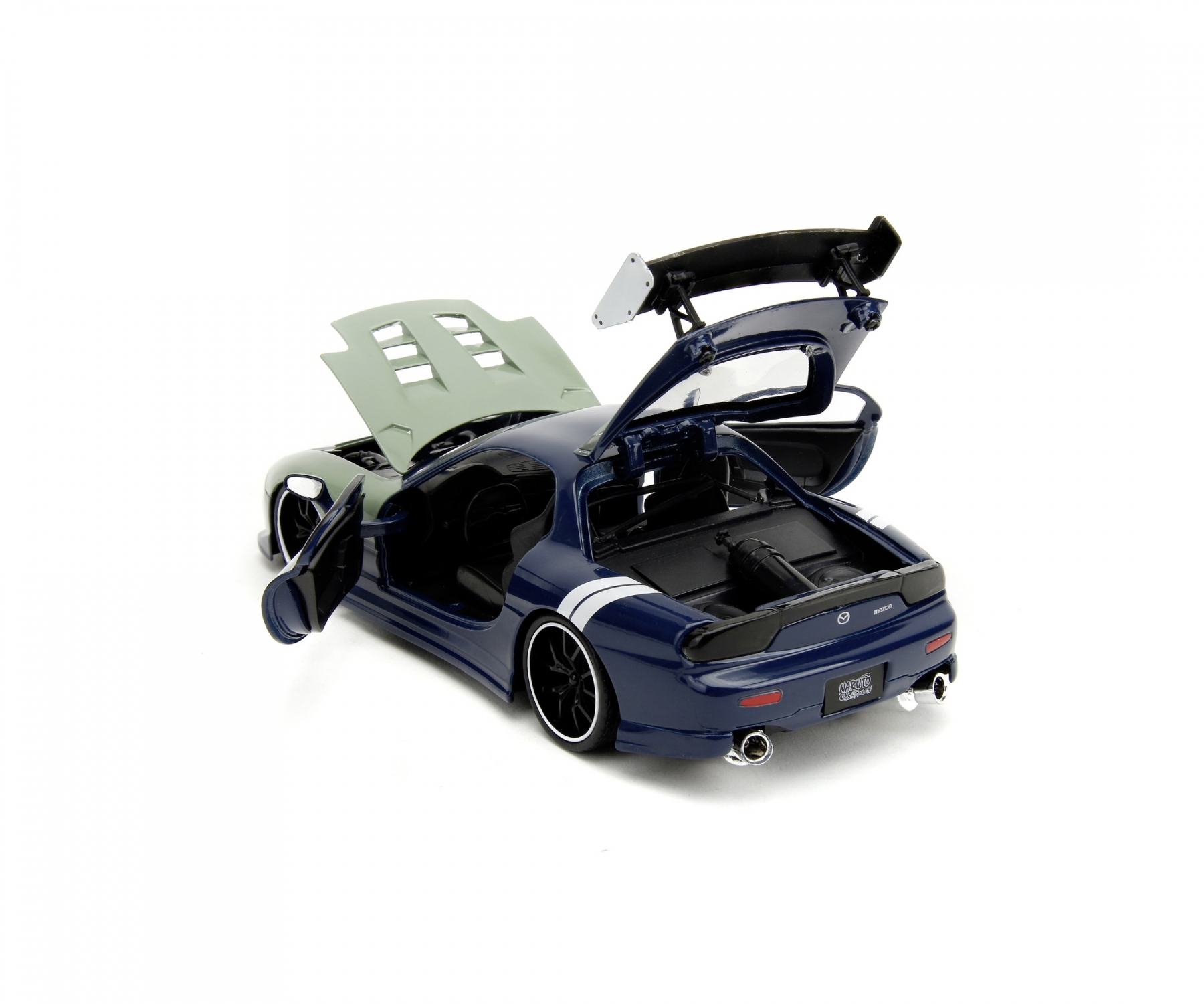 Niebieski i biały model samochodu z otwartą maską i drzwiami. Białe tło.