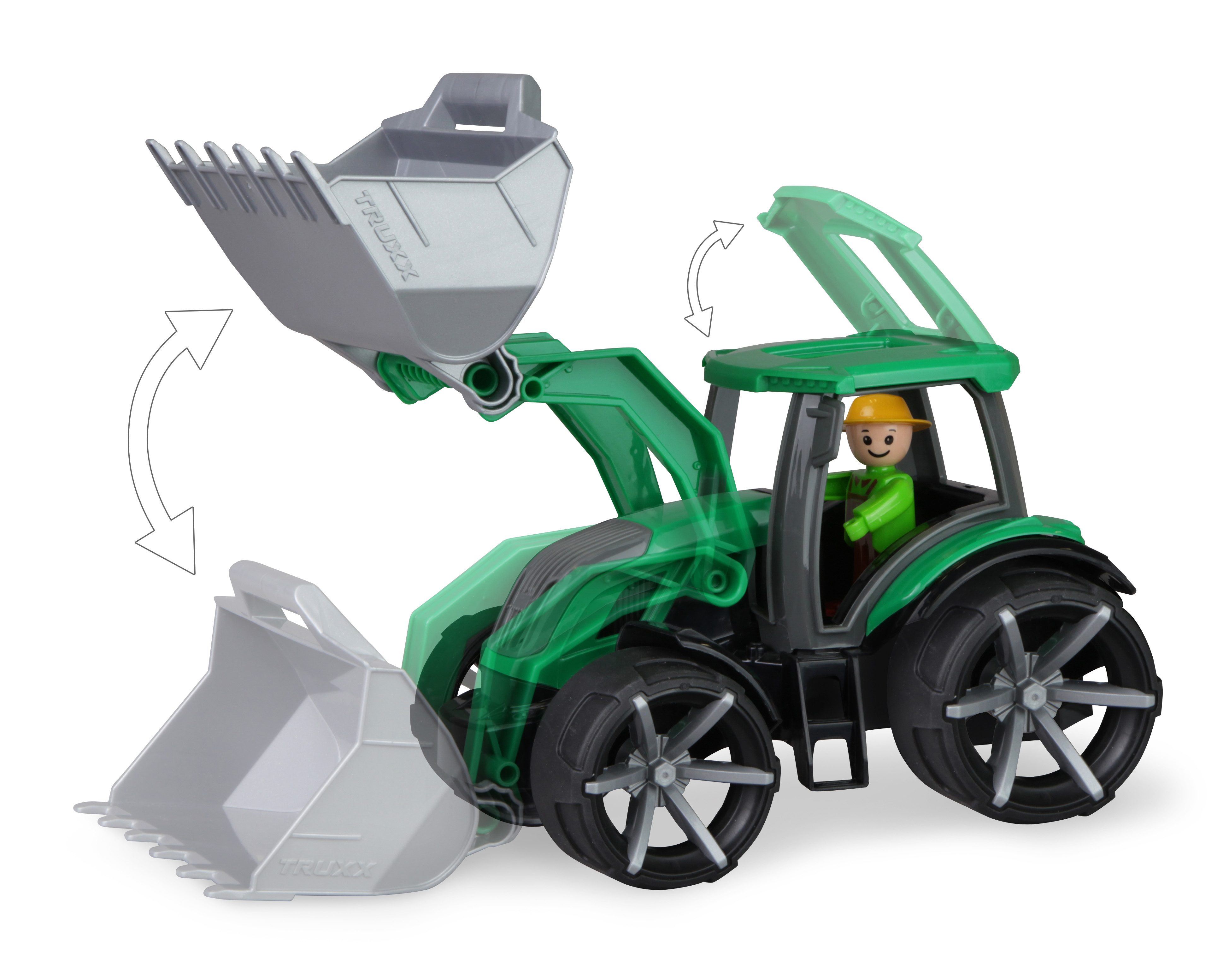 Ein grüner Spielzeugtraktor mit Lader, einer kleinen Figur und animierten Laderbewegungen.