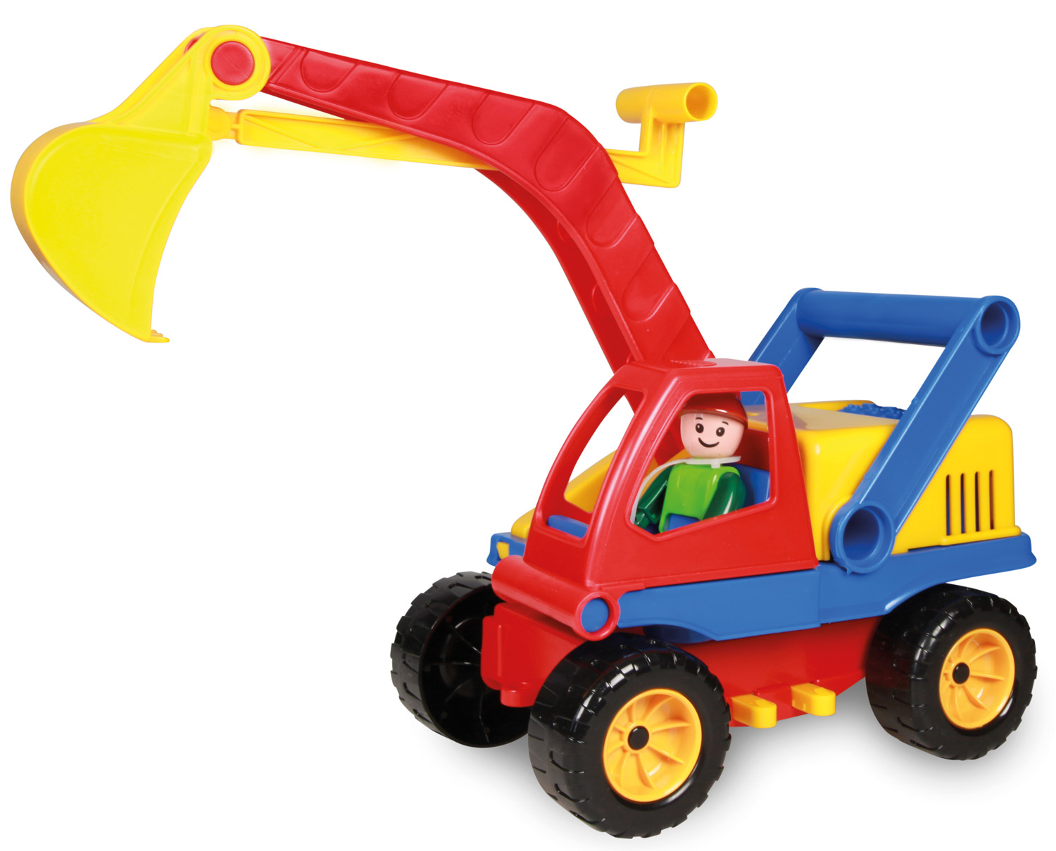 Roter, gelber und blauer Spielzeugbagger mit einem Fahrer in der Kabine, weißer Hintergrund.