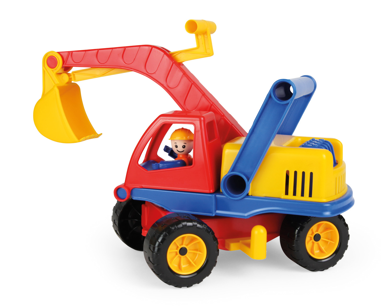 Ein roter, gelber, blauer Spielzeugbagger mit einer kleinen Figur darin. Hintergrund: Weiß.
