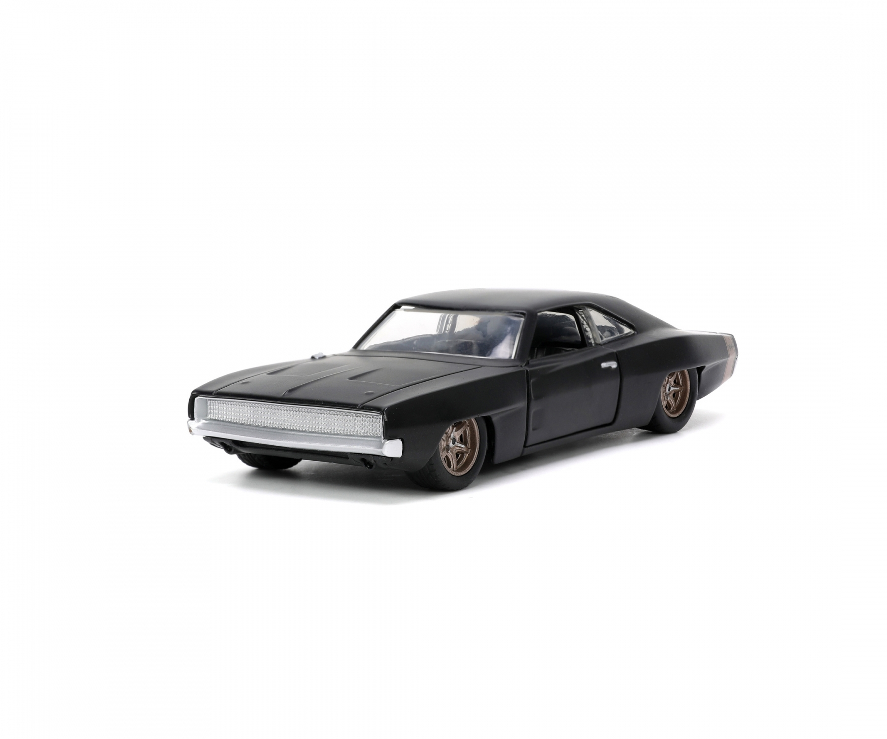Voiture classique noire jouet sur fond blanc.