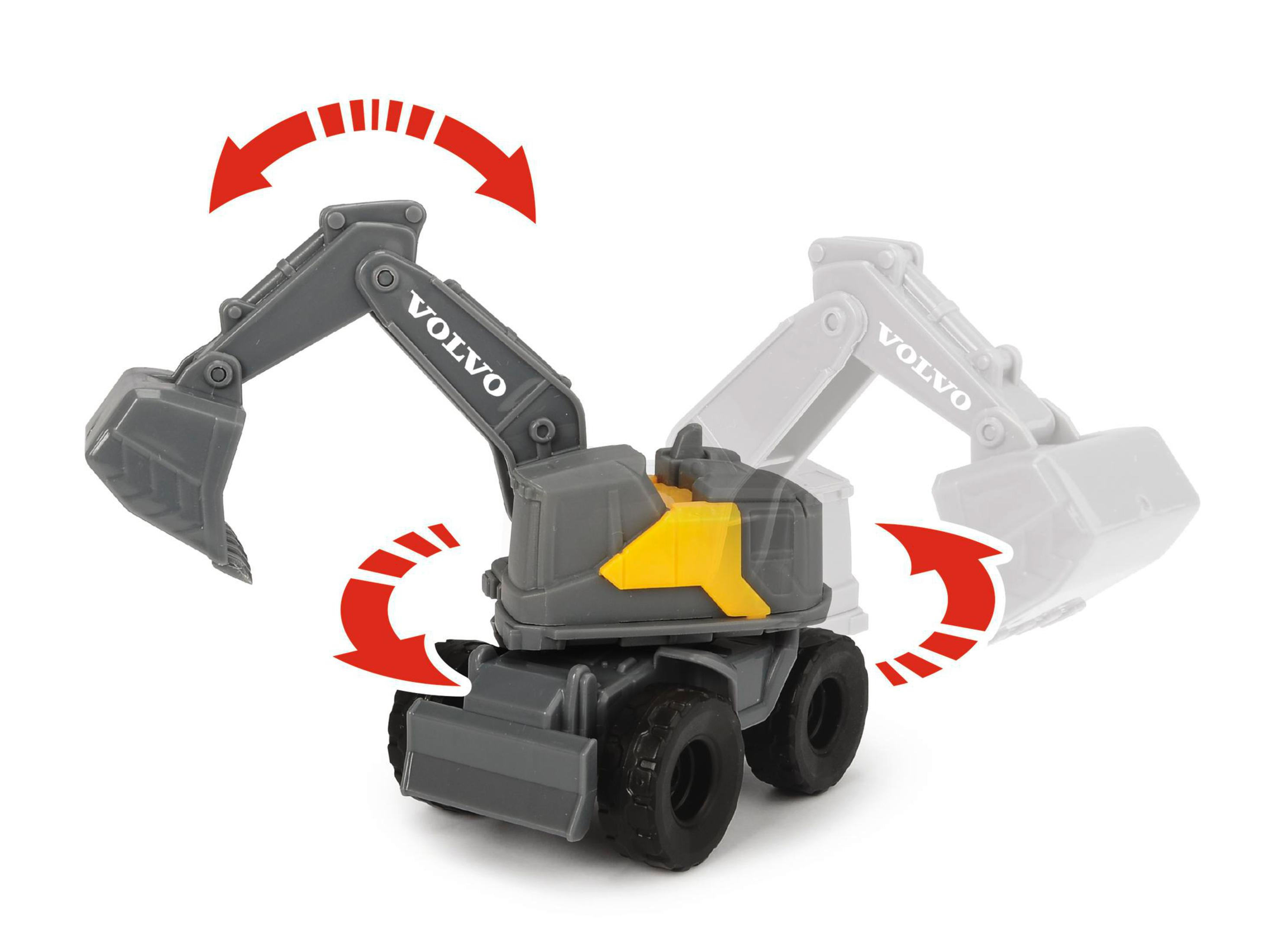 Szara zabawka koparka z obracającymi się częściami i czerwonymi strzałkami.