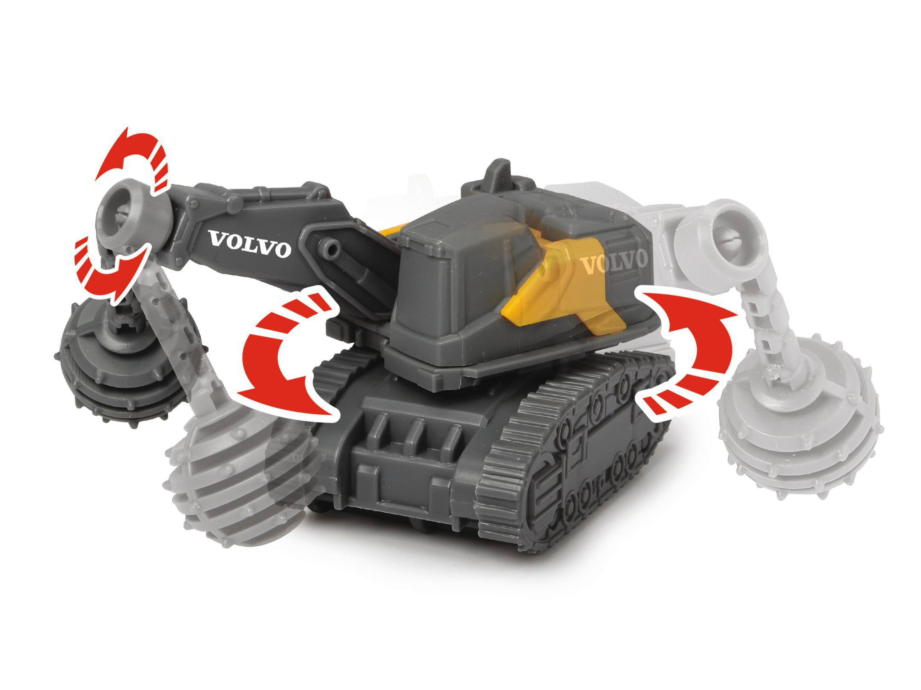 Szara zabawka koparka z żółtymi detalami i czerwonymi strzałkami wskazującymi ruch, białe tło.