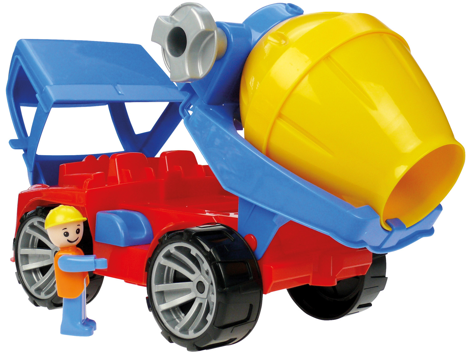 Ein Spielzeug-Zementmischer-LKW mit einer Arbeiterfigur.