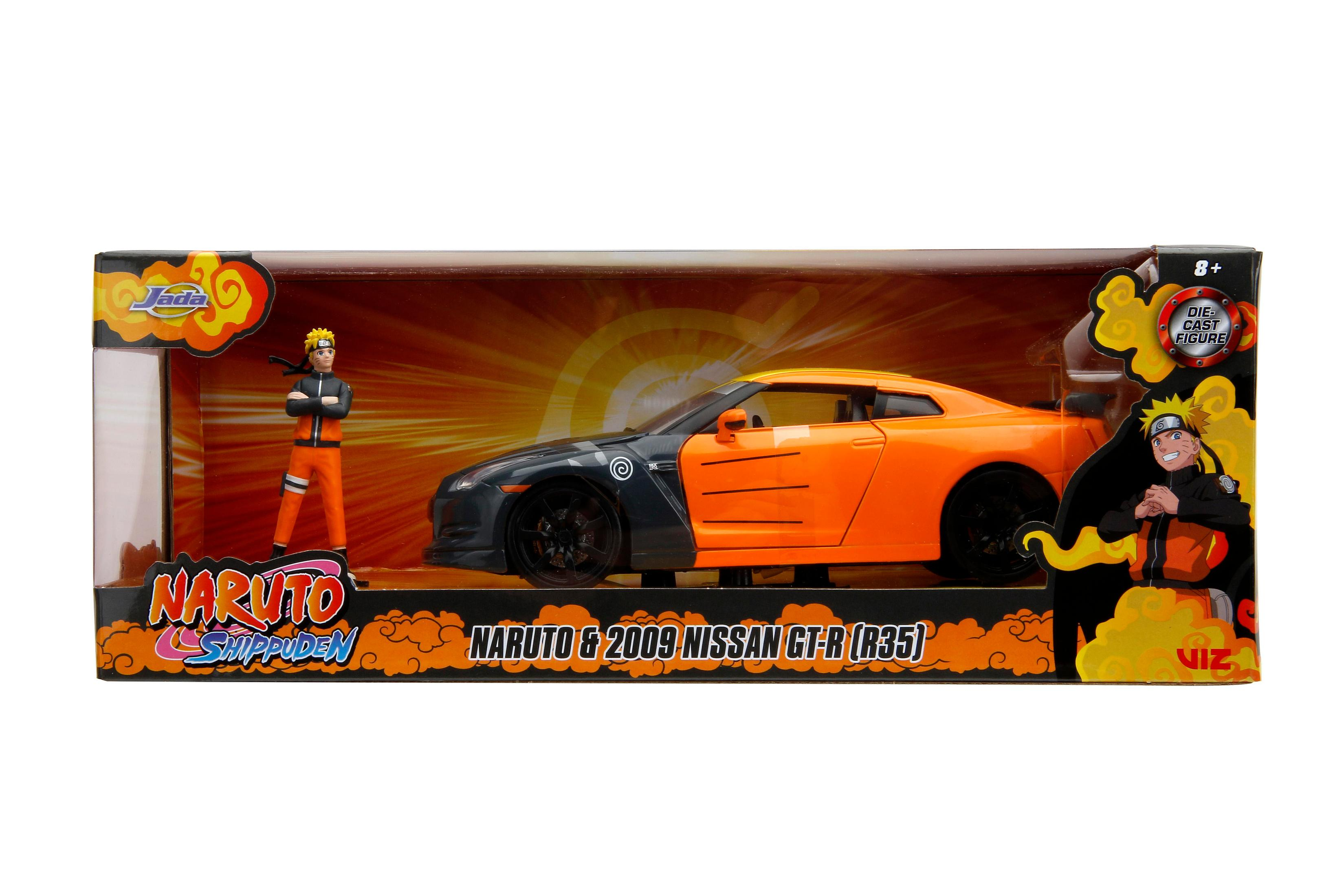 Naruto-Auto-Spielzeug in einer Box. Orangefarbener und schwarzer Nissan GT-R mit einer Naruto-Figur.