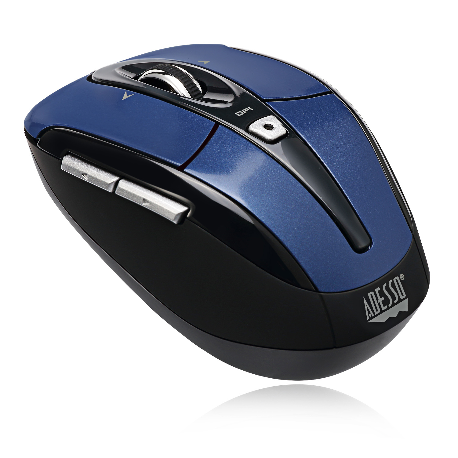 Blauwe en zwarte computermuis met een scrollwiel en knoppen.