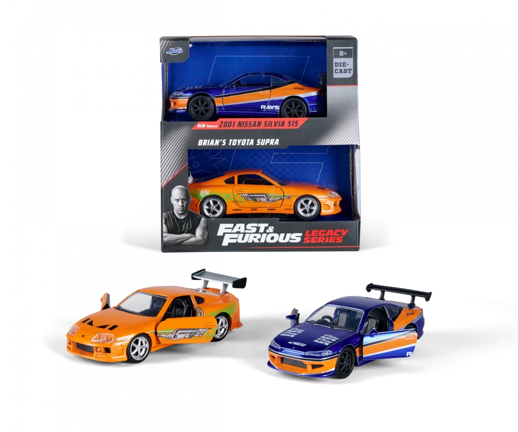 Spielzeugauto-Set mit orangefarbenen und blauen Autos, verpackt in Kartons.