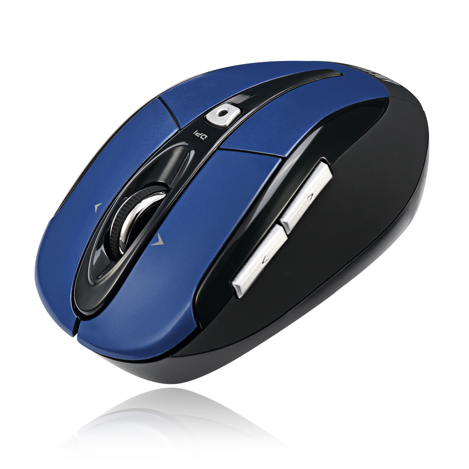Bovenaanzicht van een blauwe en zwarte computermuis met twee knoppen en een wieltje.