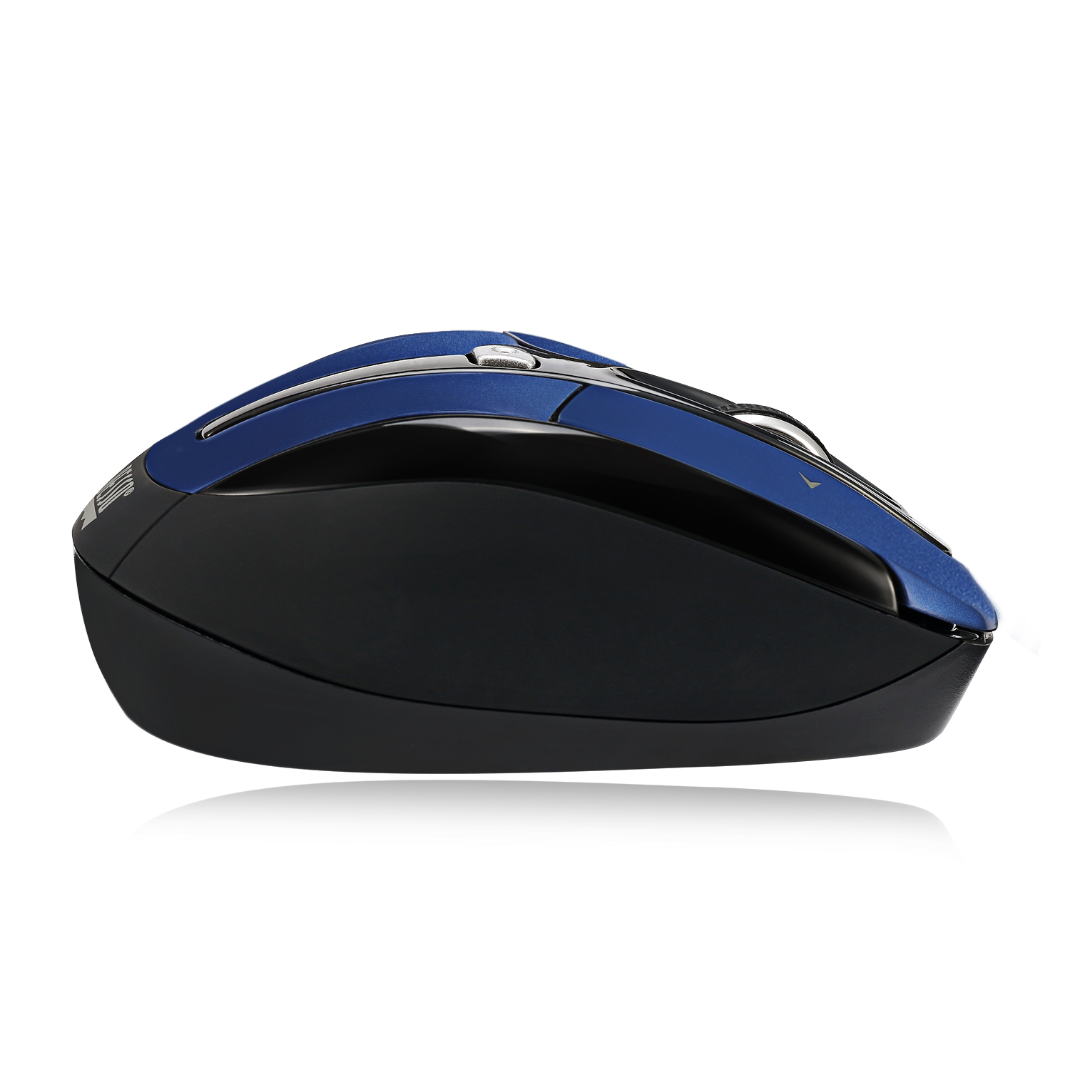 Zijaanzicht van een blauwe en zwarte computermuis met een reflectie.