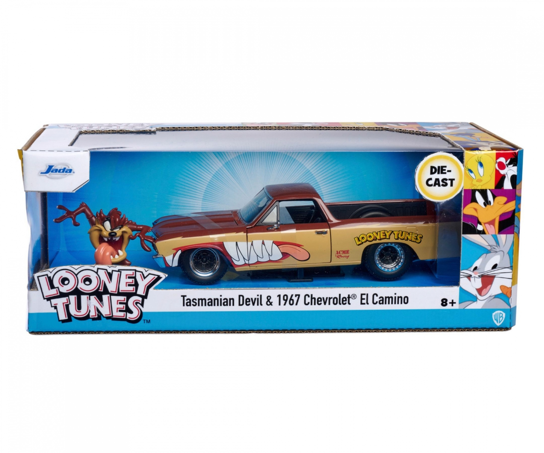 Looney Tunes Spielzeug-LKW in einer Box. Tasmanian Devil-Charakter an der Seite. Brauner und beigefarbener LKW.