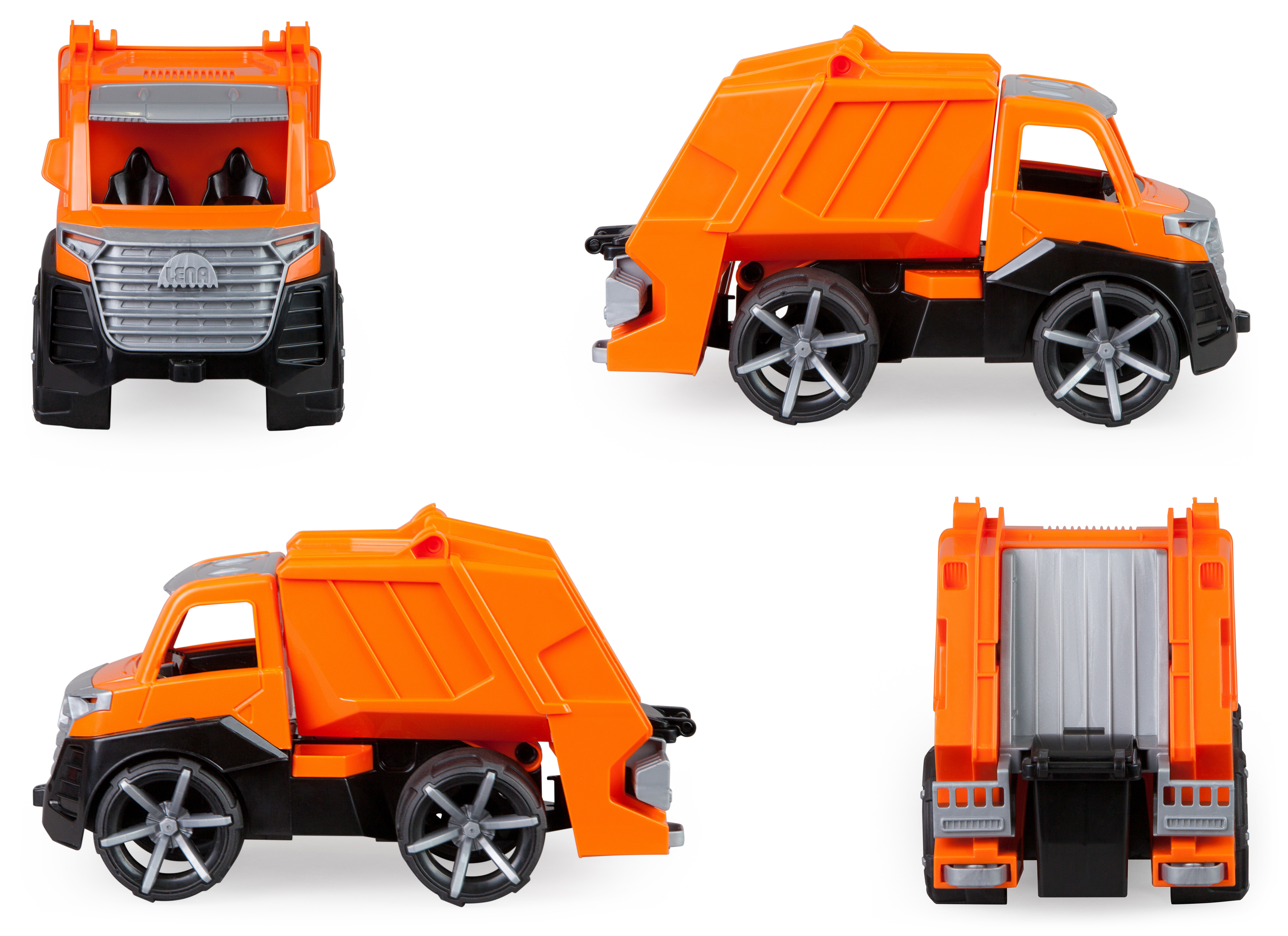 Quattro viste di un camion giocattolo arancione e nero su sfondo bianco.