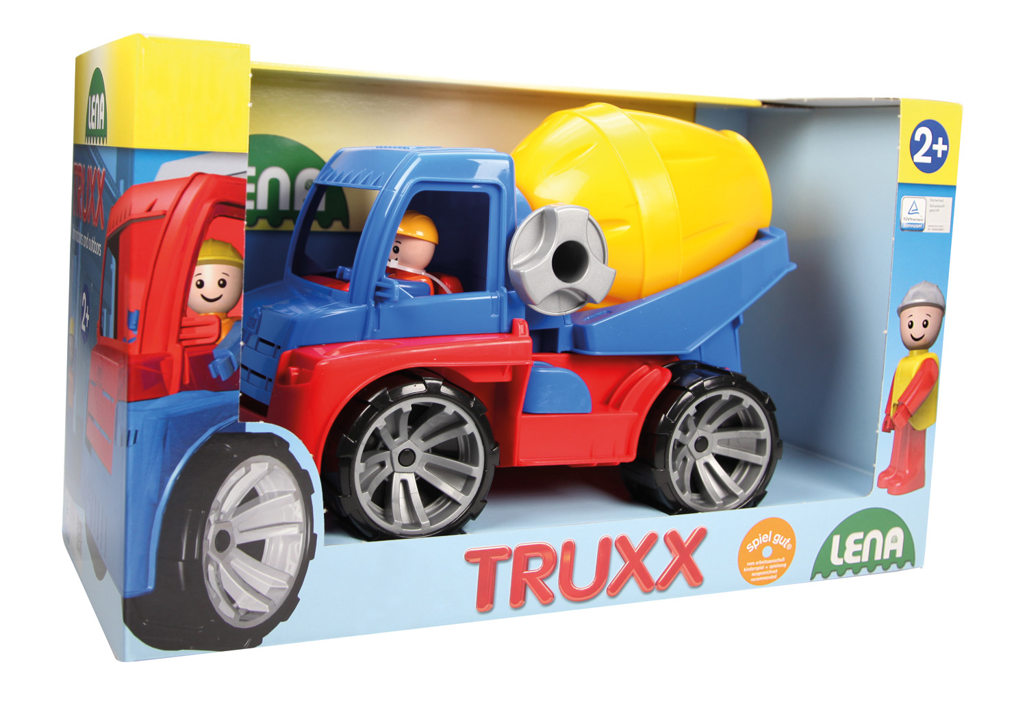 Spielzeug-Zementmischer-LKW in einer Box, mit einer Fahrerfigur, auf weißem Hintergrund.
