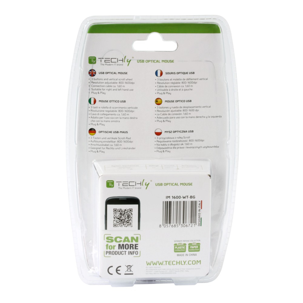 Embalaje de ratón óptico USB. El embalaje es blanco y verde y muestra el ratón.