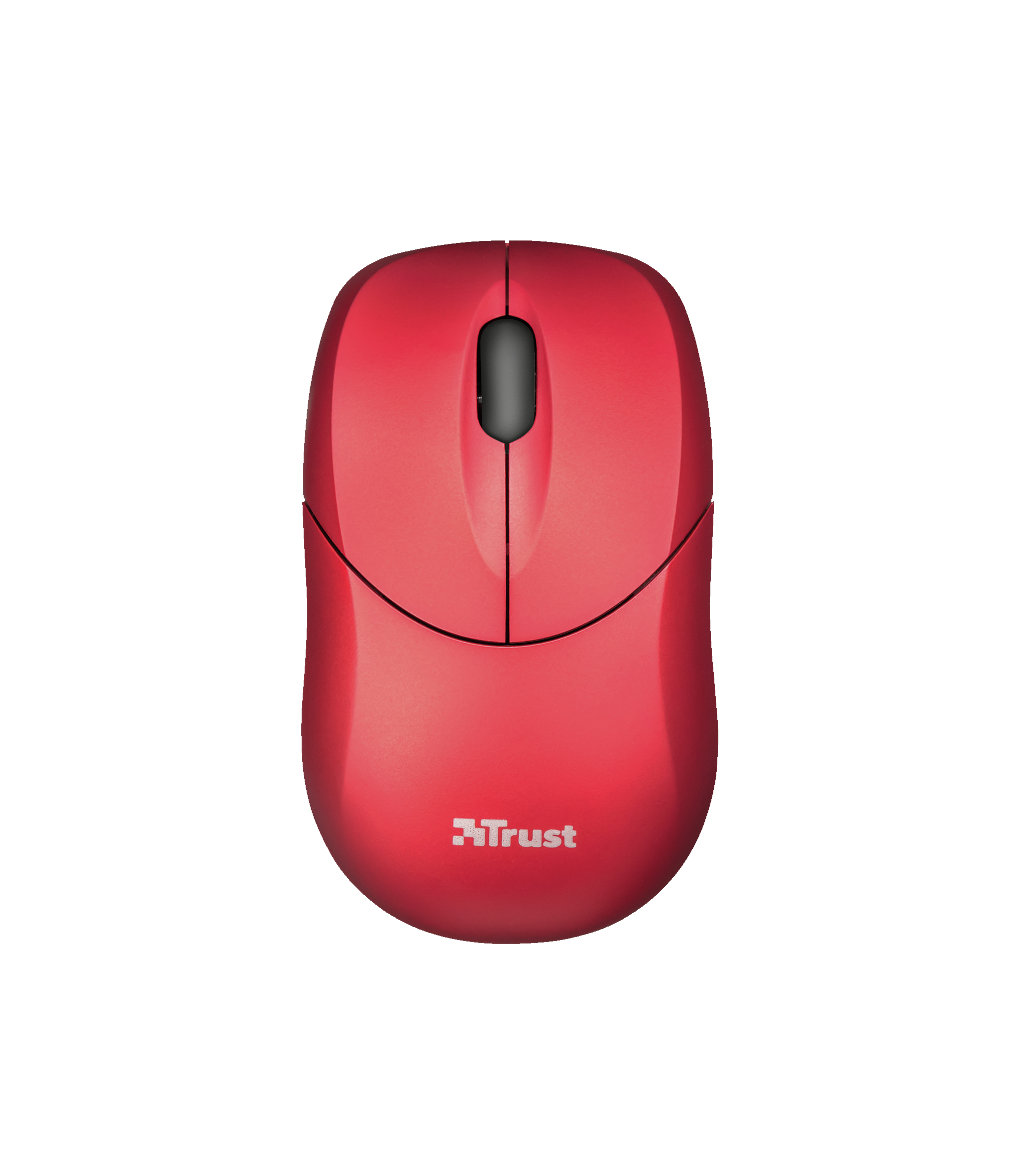 Czerwona mysz Trust z logo Trust na białym tle.