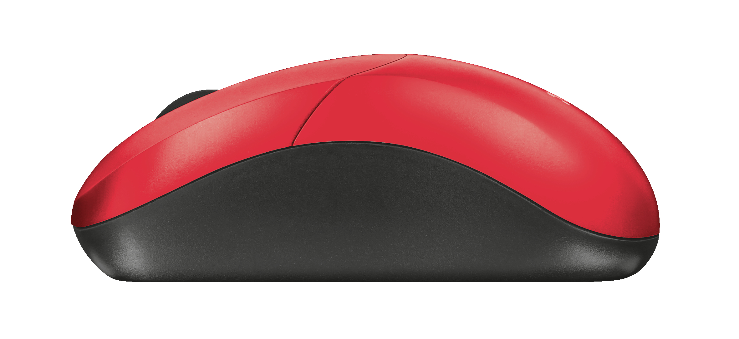 Czerwona i czarna mysz komputerowa. Leży na białej powierzchni.
