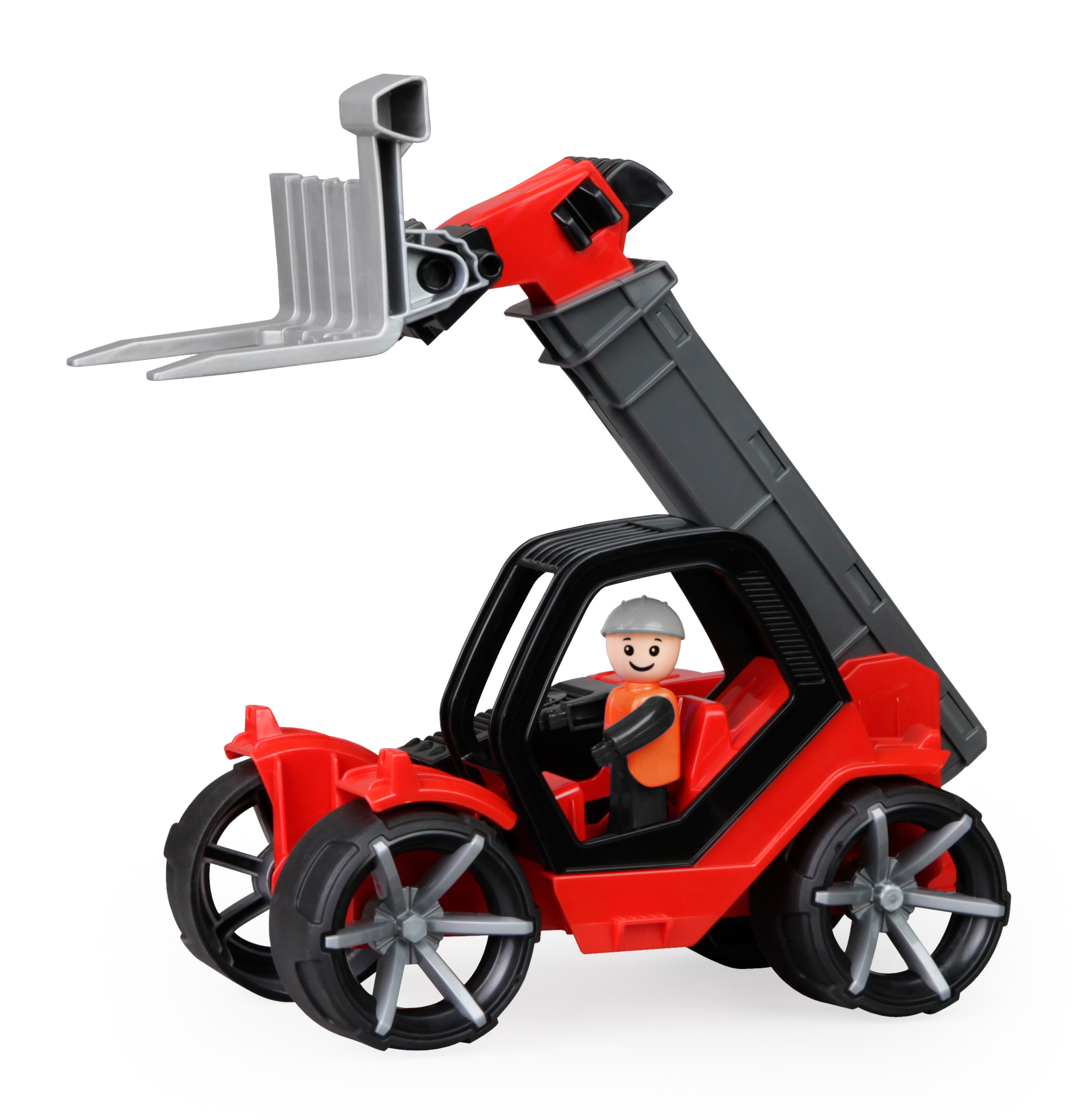 Ein roter und schwarzer Spielzeug-Gabelstapler mit Fahrerfigur, isoliert auf weißem Hintergrund.