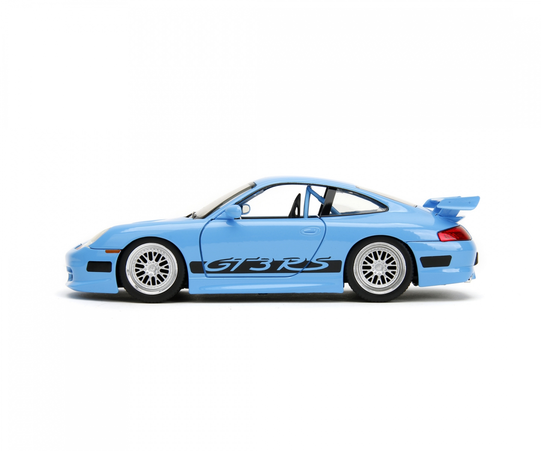 Hellblaues Porsche-Automodell. Das Auto hat schwarze GT3 RS-Markierungen.