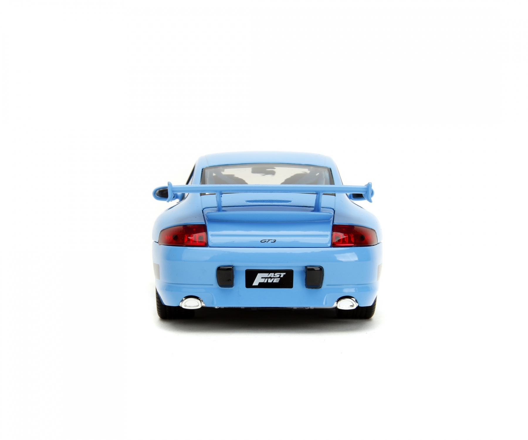 Blaues Porsche GT3 Spielzeugauto aus dem Film Fast Five auf weißem Hintergrund.