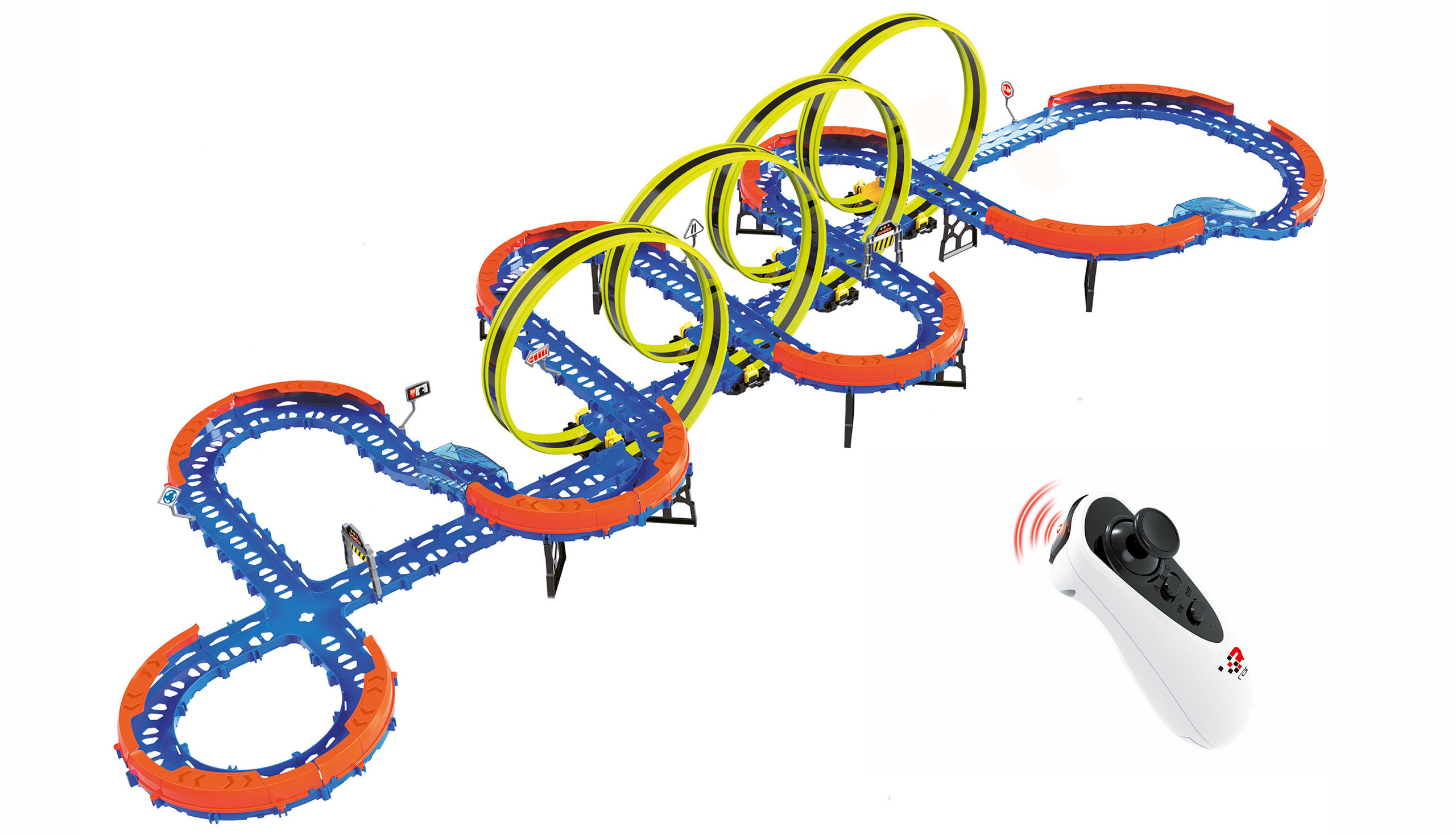 Un circuit de course jouet avec des boucles et une télécommande. La piste est bleue et orange avec des boucles jaunes.