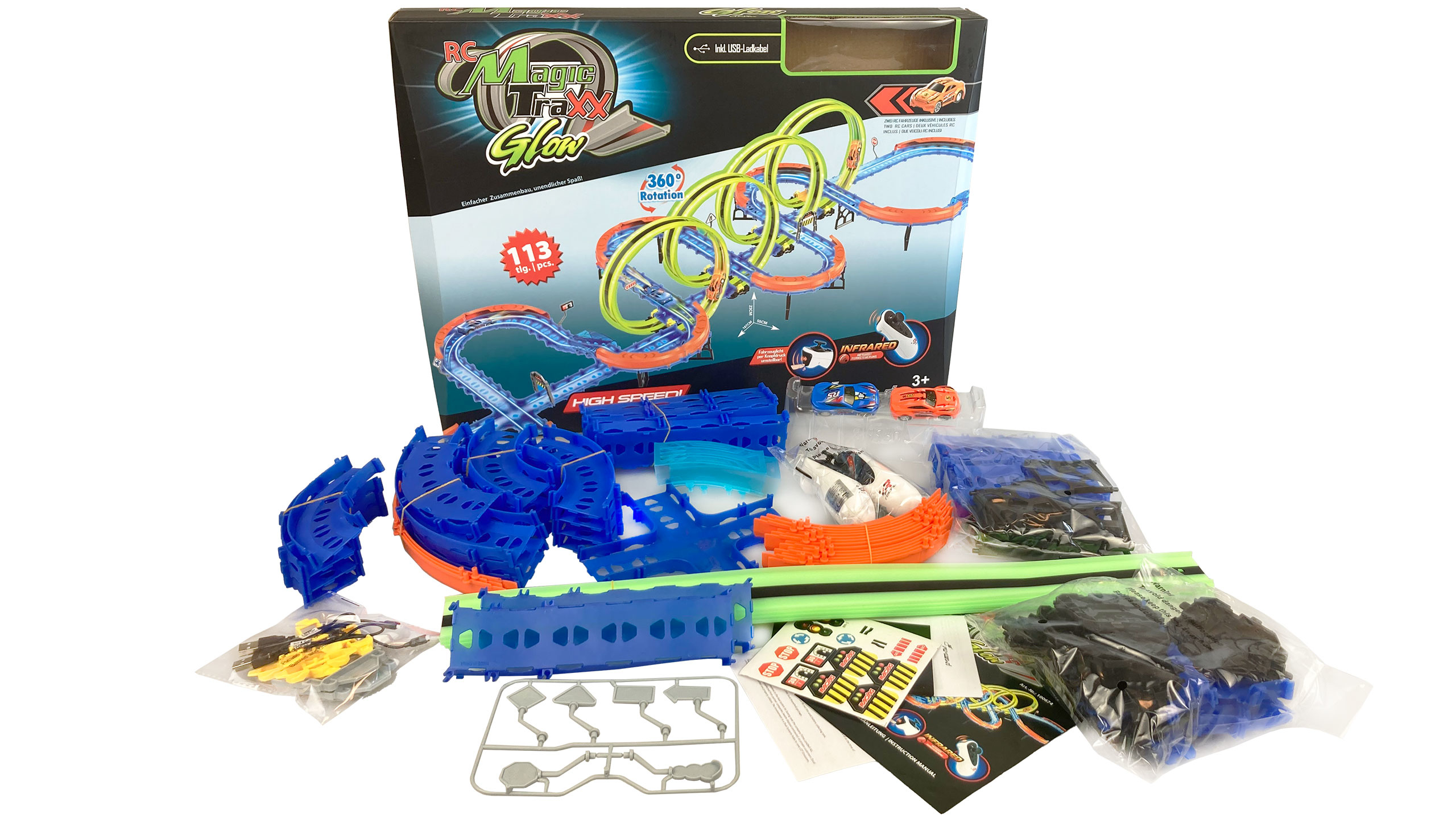 Jeu de circuit de course jouet avec pistes bleues et vertes, voitures et emballage.