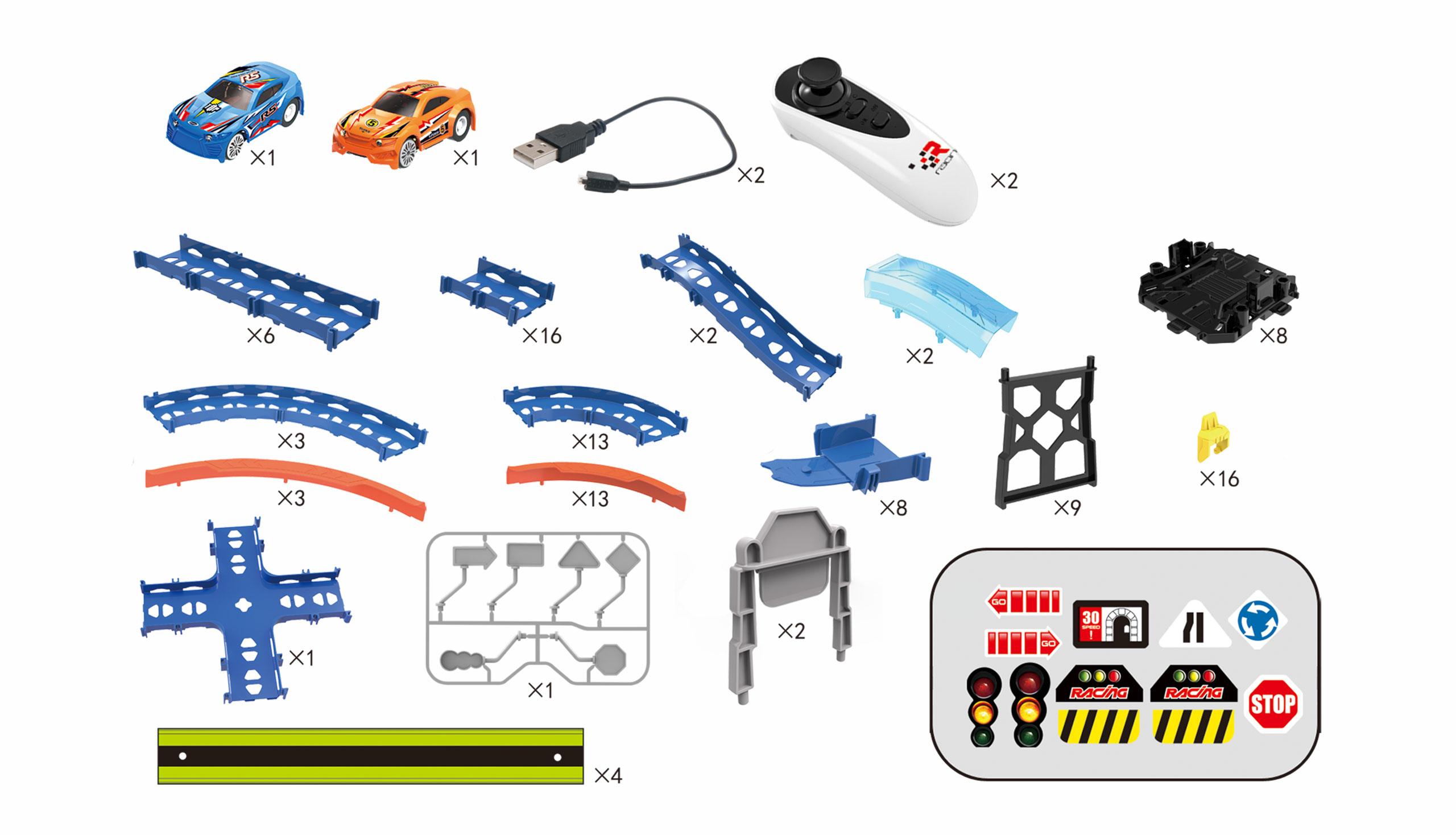 Diverses pièces et accessoires de circuit de course jouet disposés sur une surface blanche. Il y a des voitures et une télécommande.