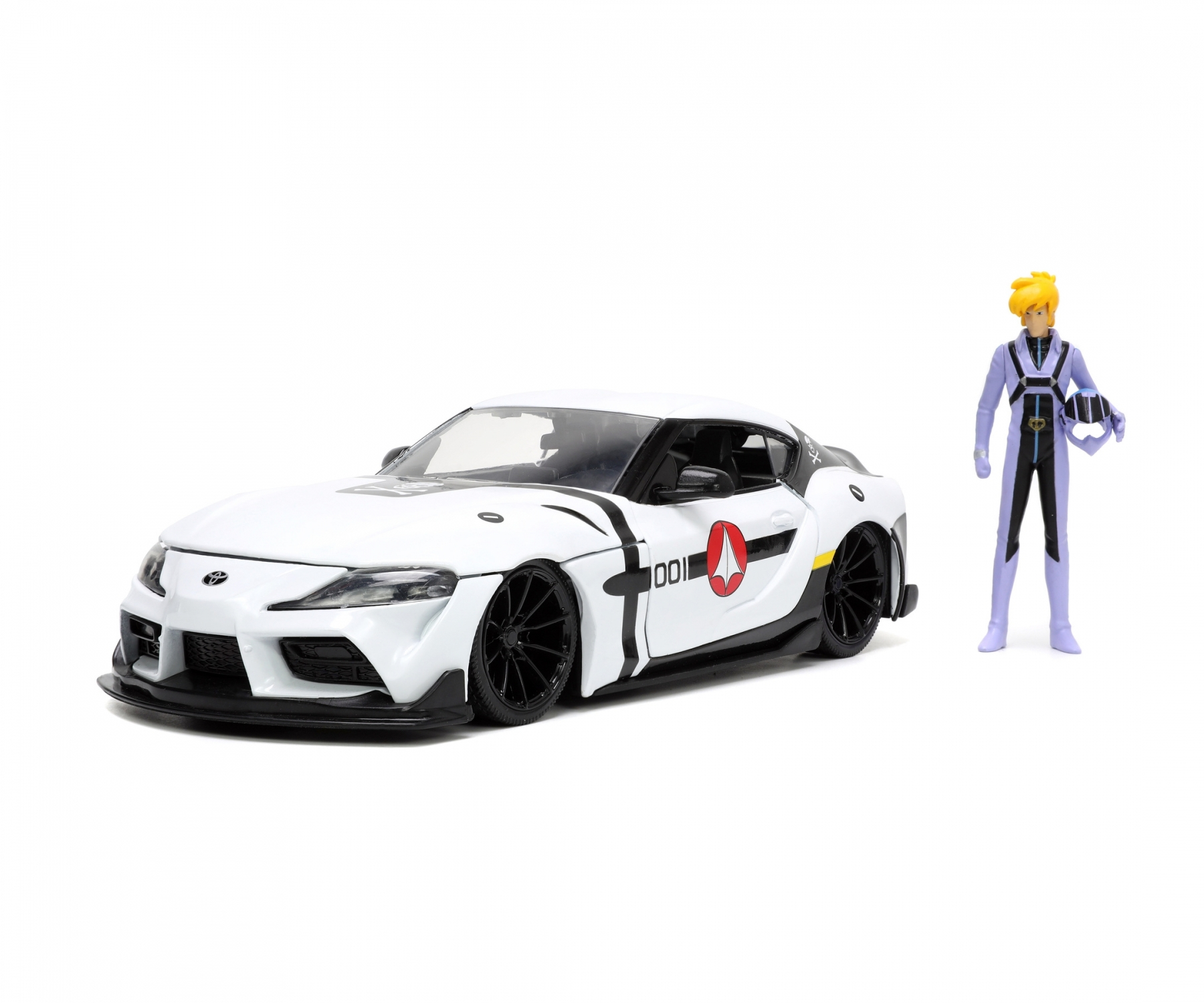 Biały zabawkowy samochód sportowy z figurką. Białe tło.