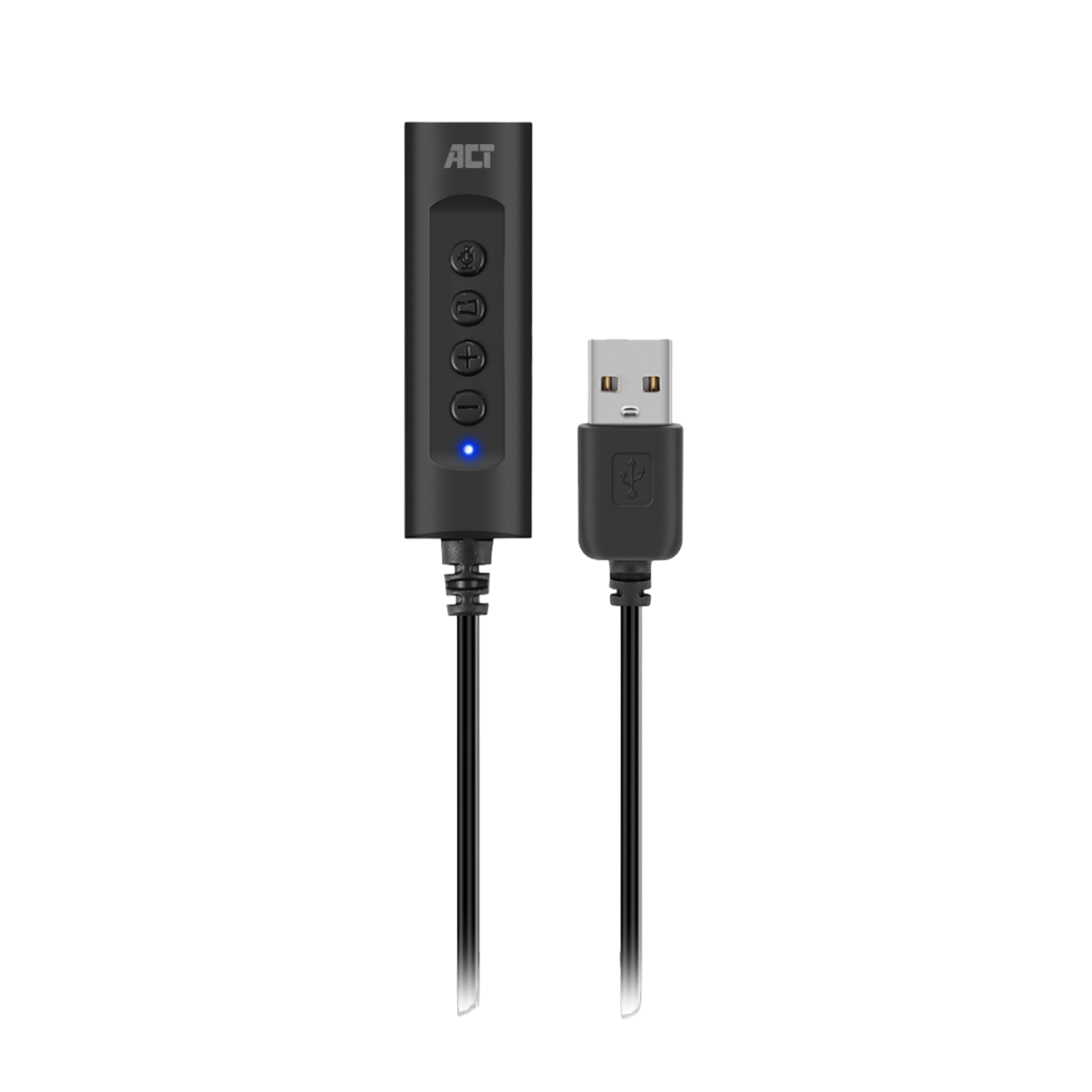 Adattatore audio nero con connettore USB. Ha pulsanti e una luce blu su sfondo nero.