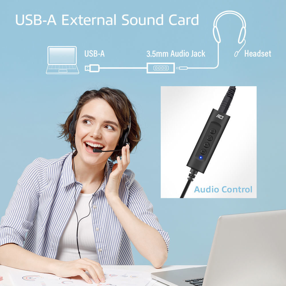 Una donna con le cuffie, che usa un laptop, con un diagramma che mostra una scheda audio esterna USB-A.