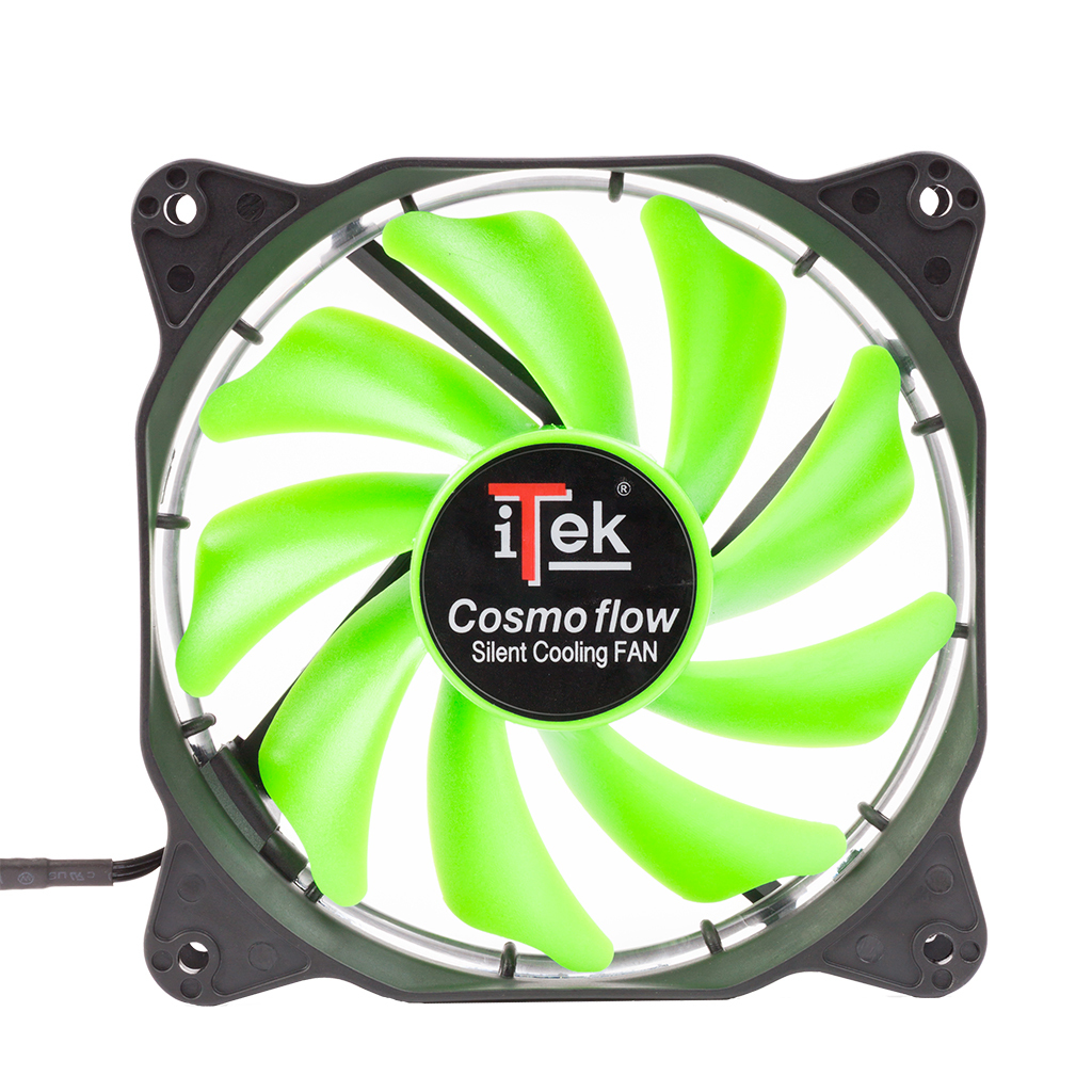 Ventola per computer con pale verdi e cornice nera. Etichetta 'iTek Cosmoflow'.