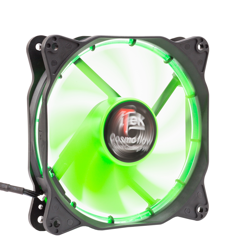 Ventola per computer con pale verdi e cornice nera. Etichetta 'iTek Cosmoflow'.