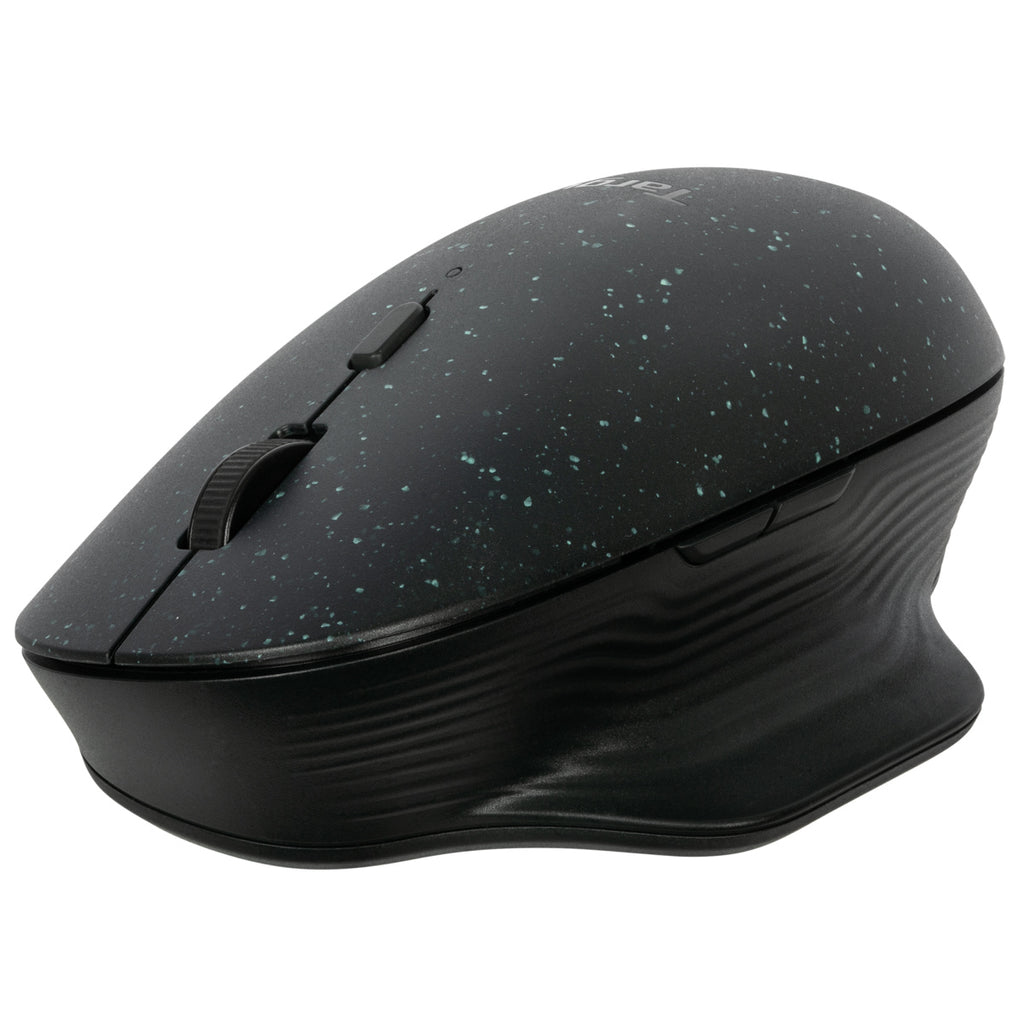 Ratón negro con diseño moteado, rueda de desplazamiento y diseño elegante.