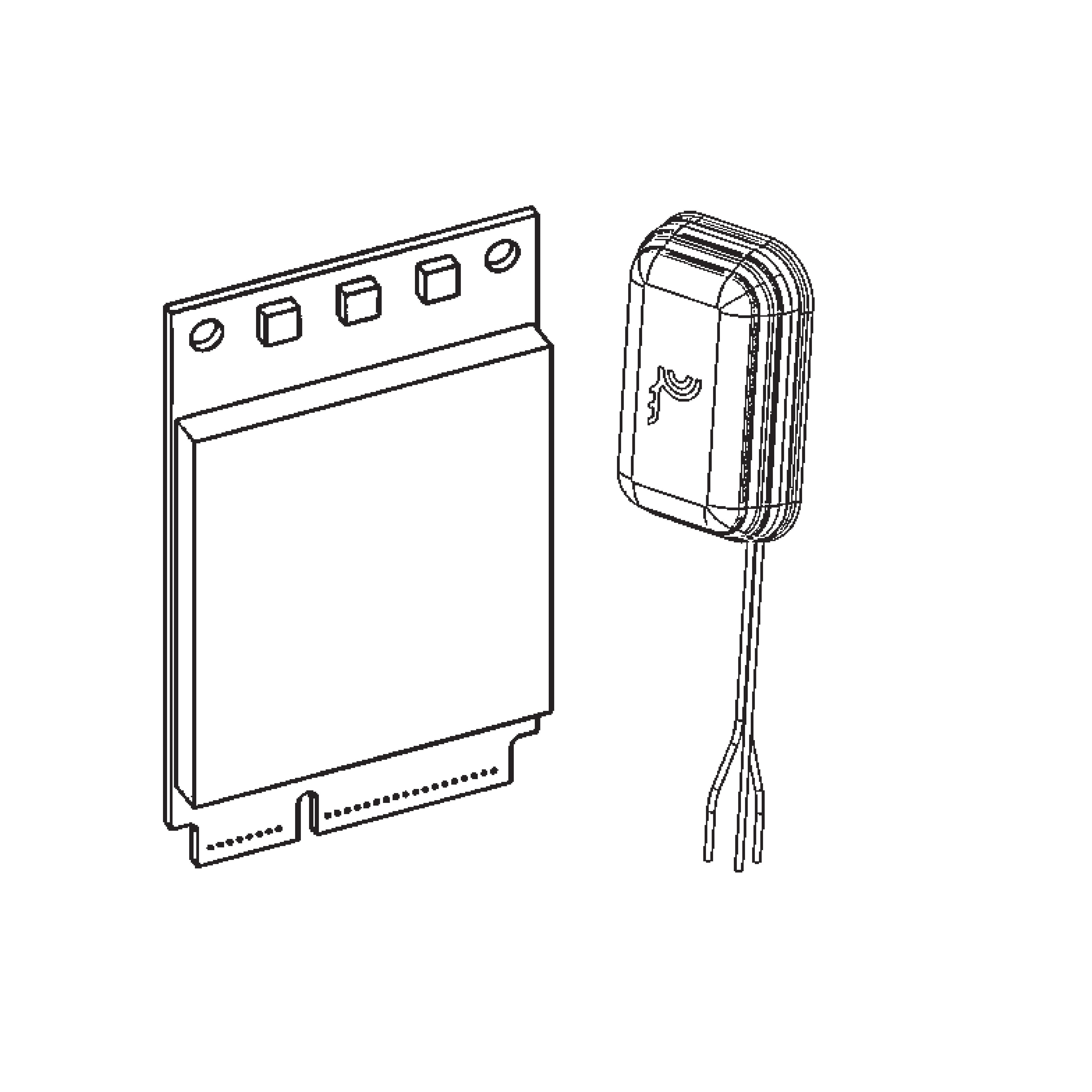 Disegno a tratto in bianco e nero di un componente del computer e di un dispositivo separato.