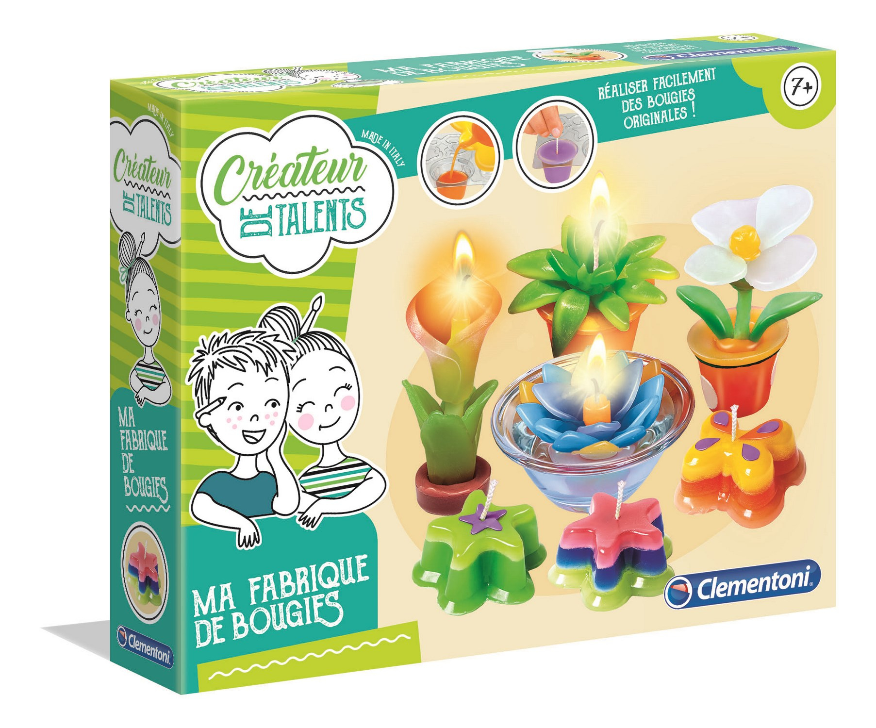 Zestaw do robienia świec Clementoni z różnymi kolorowymi kształtami świec.