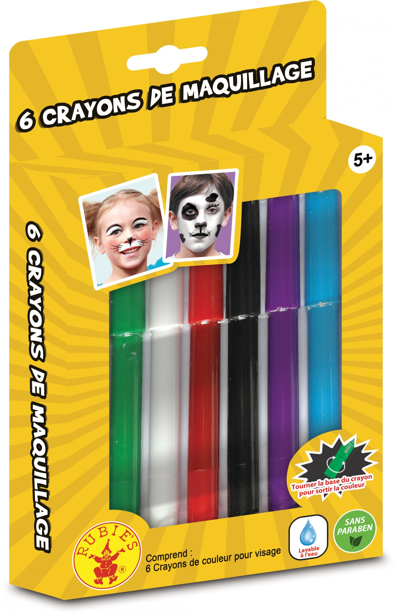 Pudełko kredek do makijażu. Widocznych sześć kolorowych kredek.