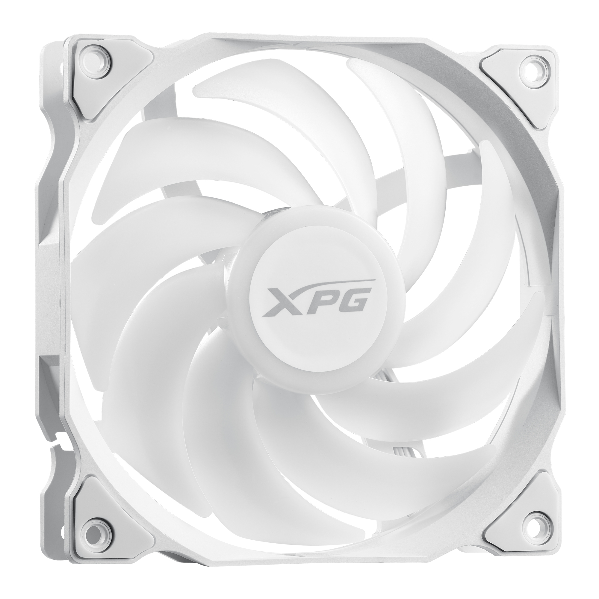 Beyaz bilgisayar fanı, dokuz kanatlı, beyaz çerçeveli ve merkezi bir XPG logosu.