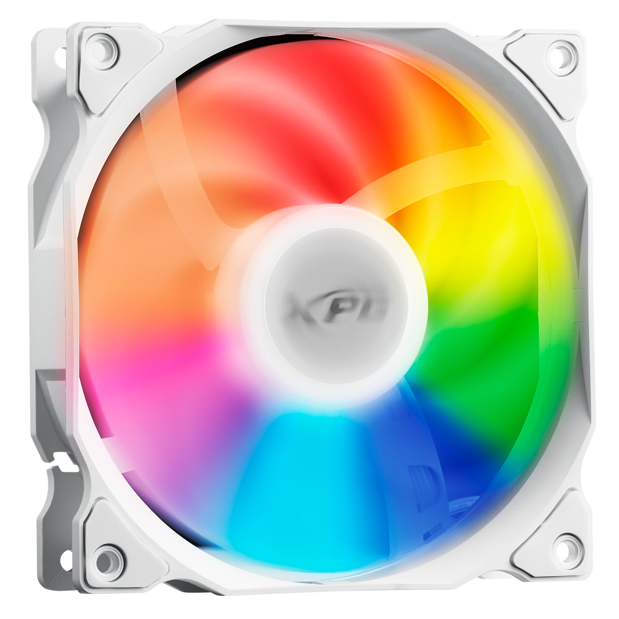 Renkli kanatlara sahip beyaz PC fanı. XPG logosu görünür.