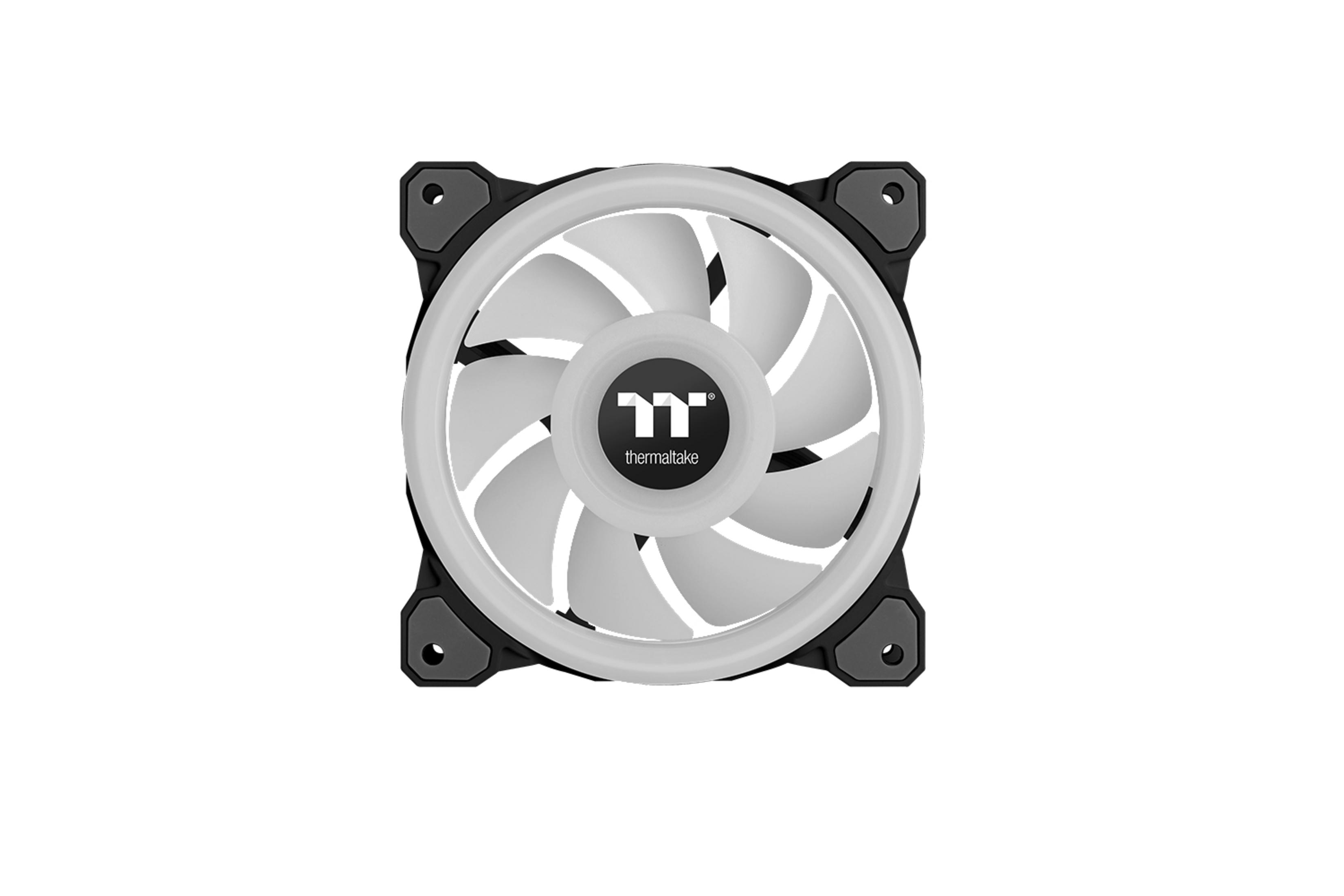 Ein Computerlüfter, schwarzer Rahmen, weiße Flügel und das Thermaltake-Logo in der Mitte.