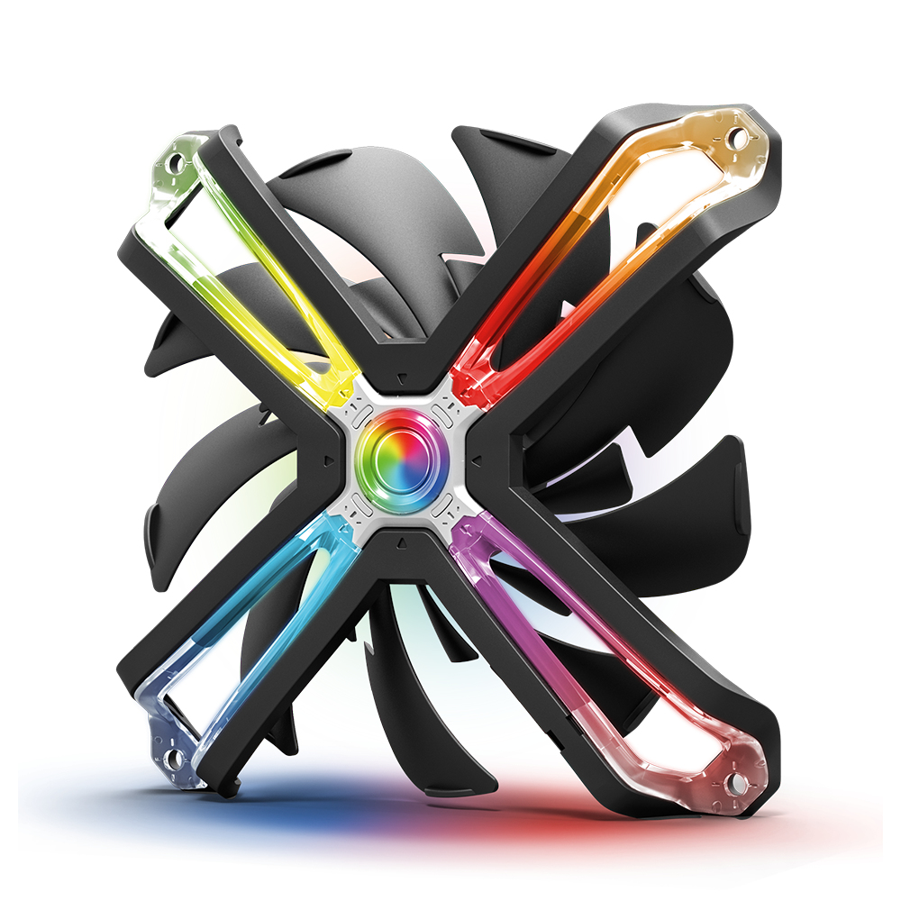 Un ventilateur d'ordinateur avec des pales noires et des lumières LED multicolores.