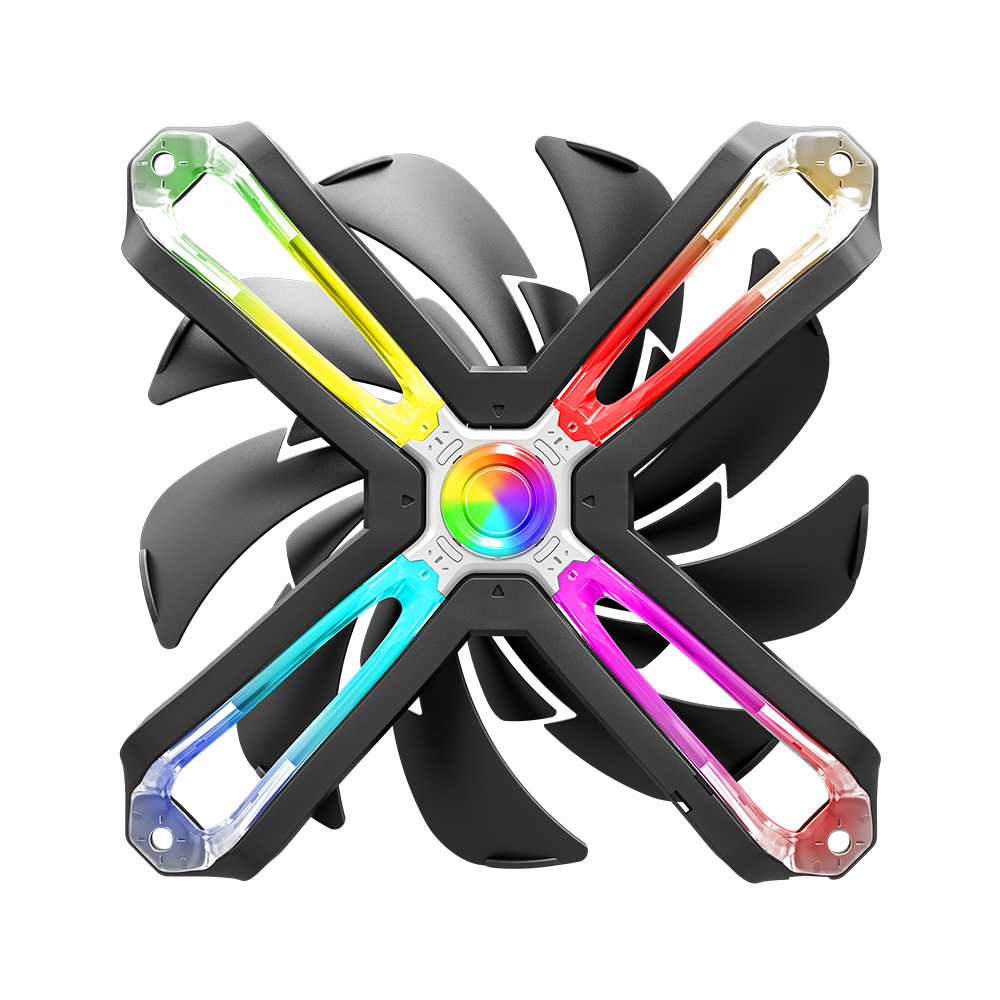 Ventilateur d'ordinateur avec pales noires et un cadre argenté avec des lumières colorées.