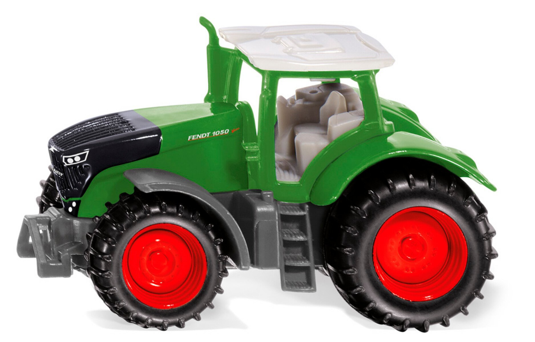 Zielony traktor zabawka z czerwonymi kołami, czarnymi detalami i etykietą FENDT 1050.