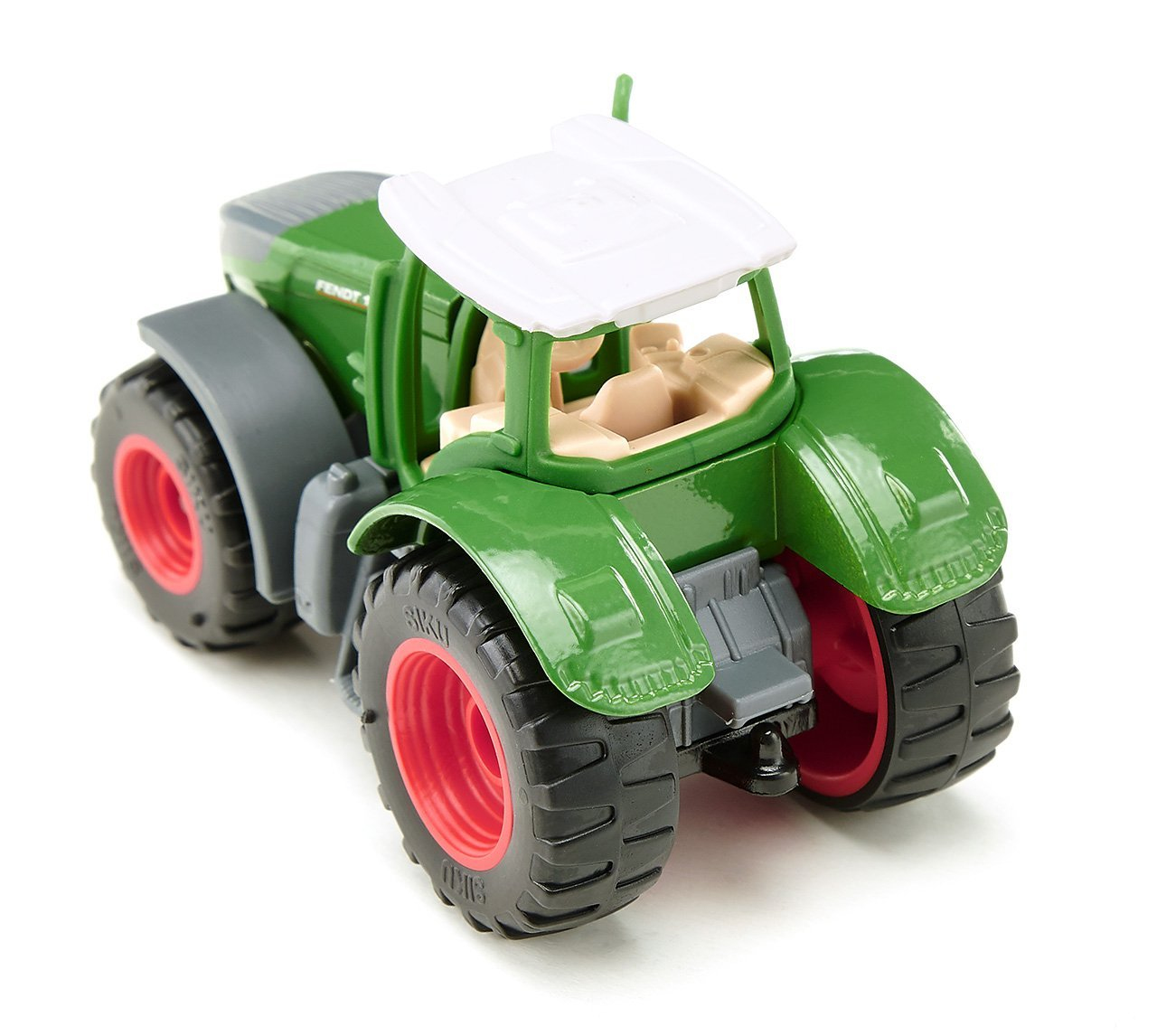 Zielony i biały traktor Fendt zabawka z czerwonymi oponami i białym dachem, widziany z góry.