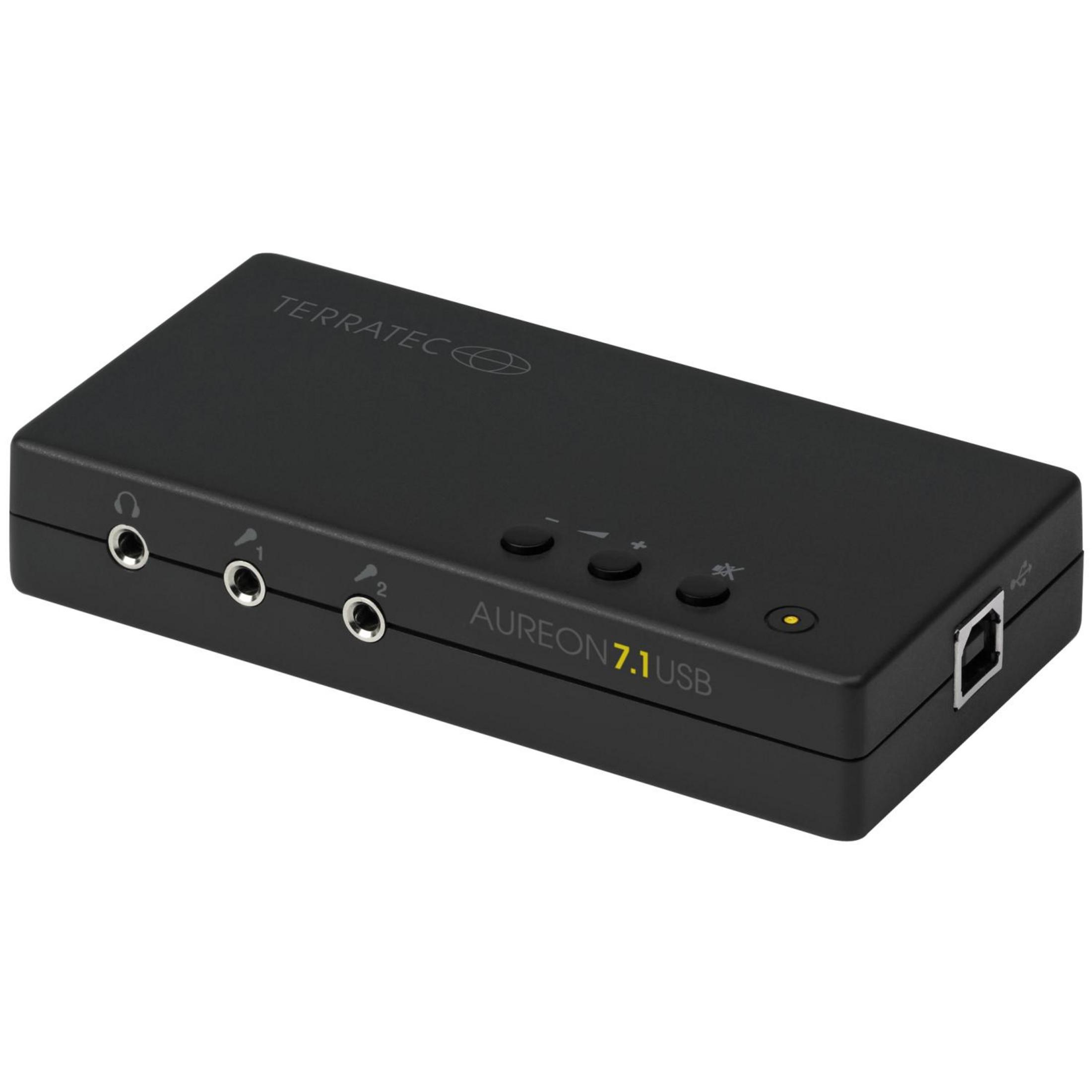 Dispositivo audio USB Terratec Aureon 7.1 nero con porte e pulsanti. Sfondo bianco.